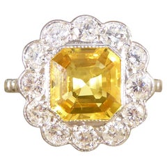 Used 2.10ct Asscher Cut Yellow Sapphire and 0.90ct Diamond Cluster Ring in 18ct White