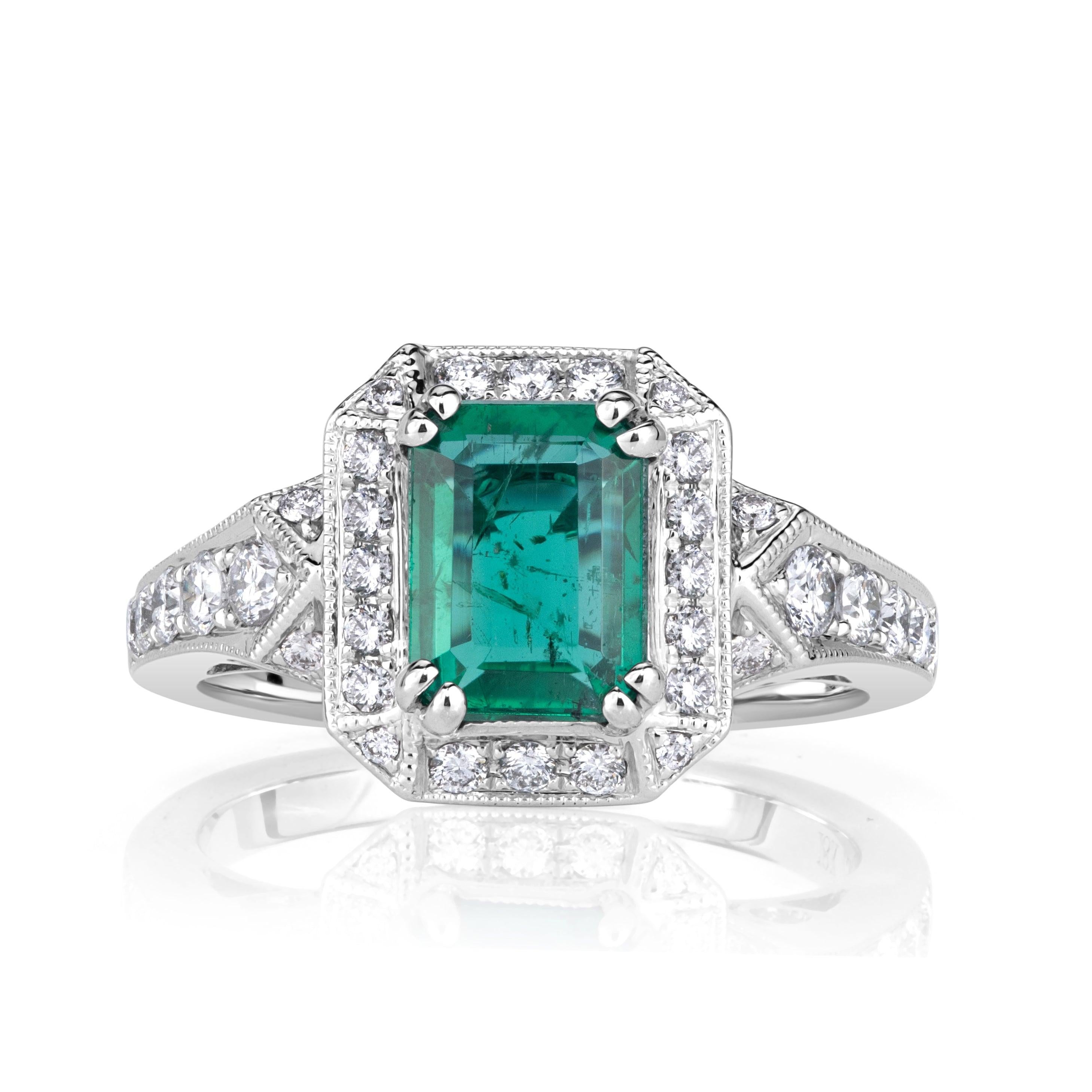 2.10ct Emerald Cut Green Emerald Engagement Ring For Sale