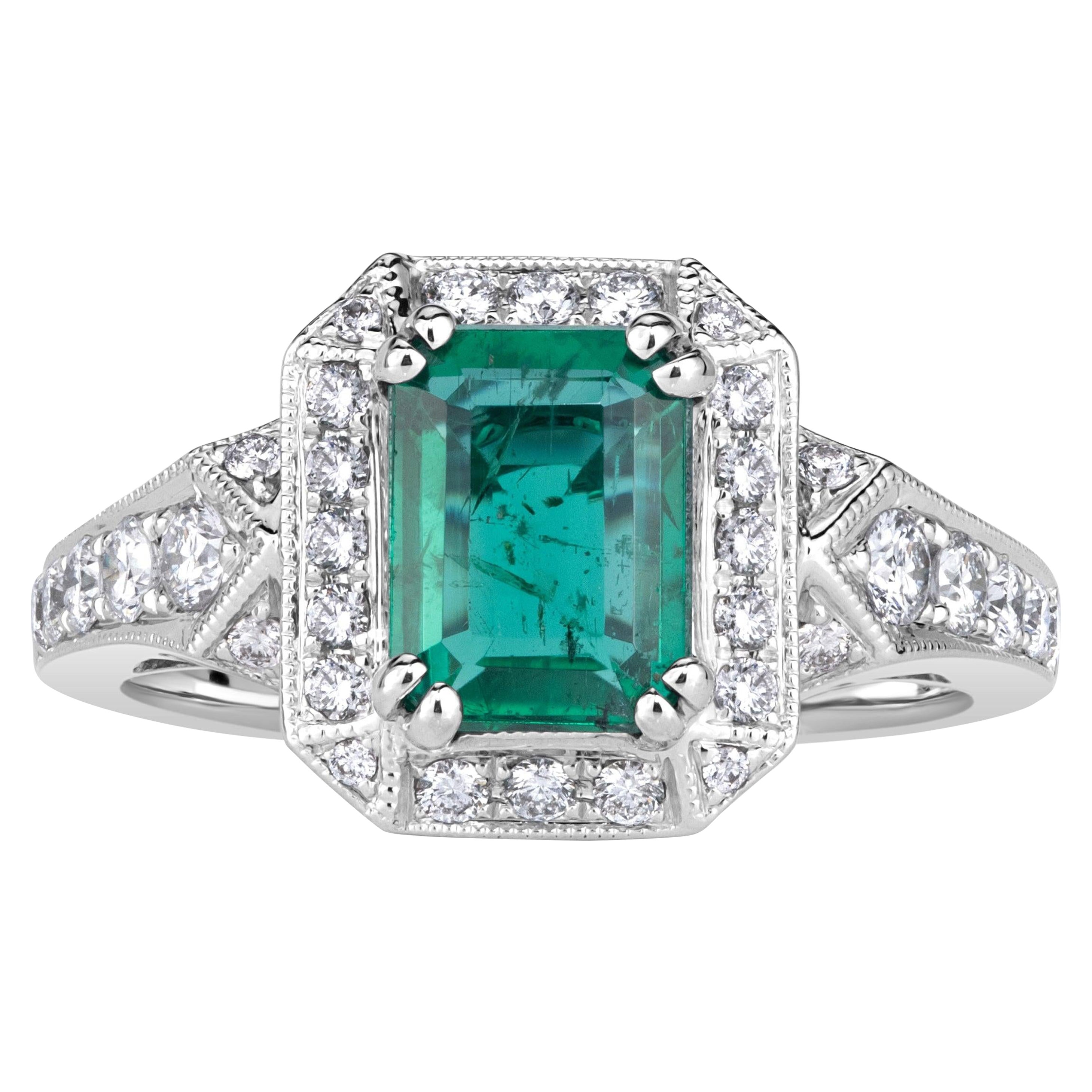 2.10ct Emerald Cut Green Emerald Engagement Ring