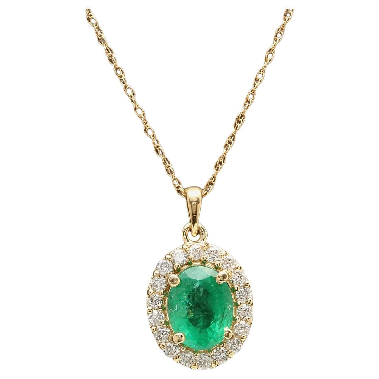 2.10ct Natural Emerald and Diamond 14K Solid Yellow Gold Necklace For Sale
