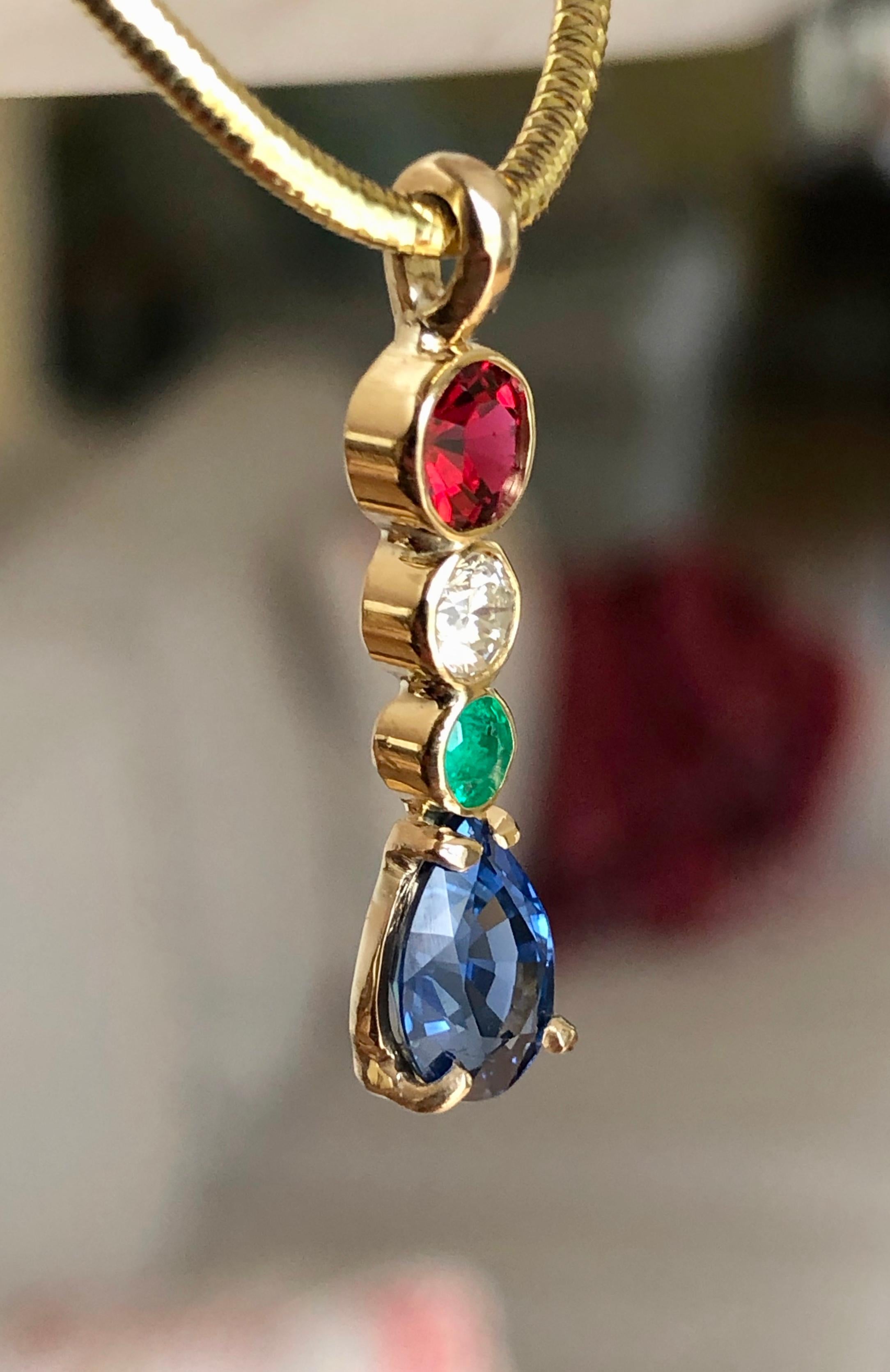 Contemporary Spinel Diamond Emerald Sapphire Pendant 18 Karat