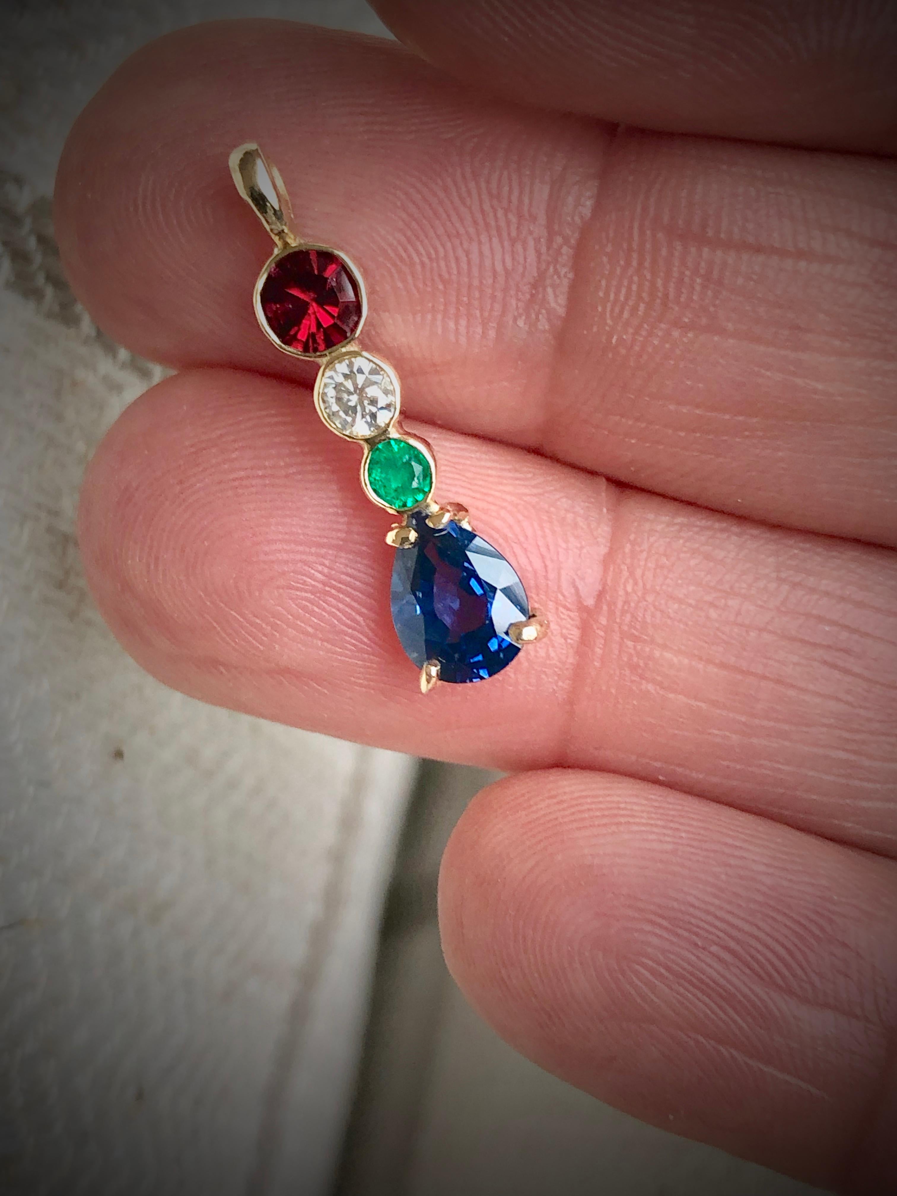 Pear Cut Spinel Diamond Emerald Sapphire Pendant 18 Karat