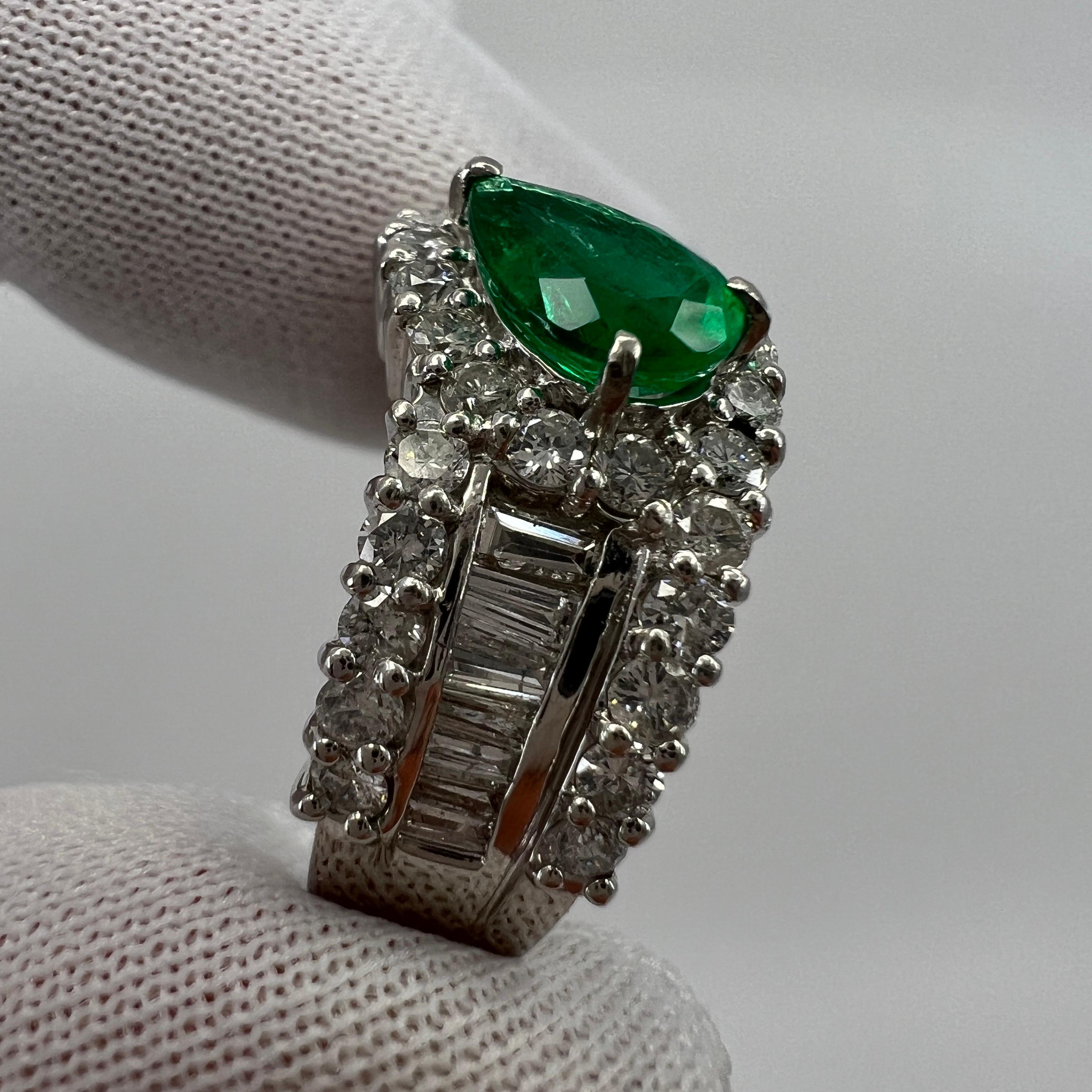 2.10ct Vivid Green Pear Cut Colombian Emerald & Diamond Platinum Cluster Ring 6