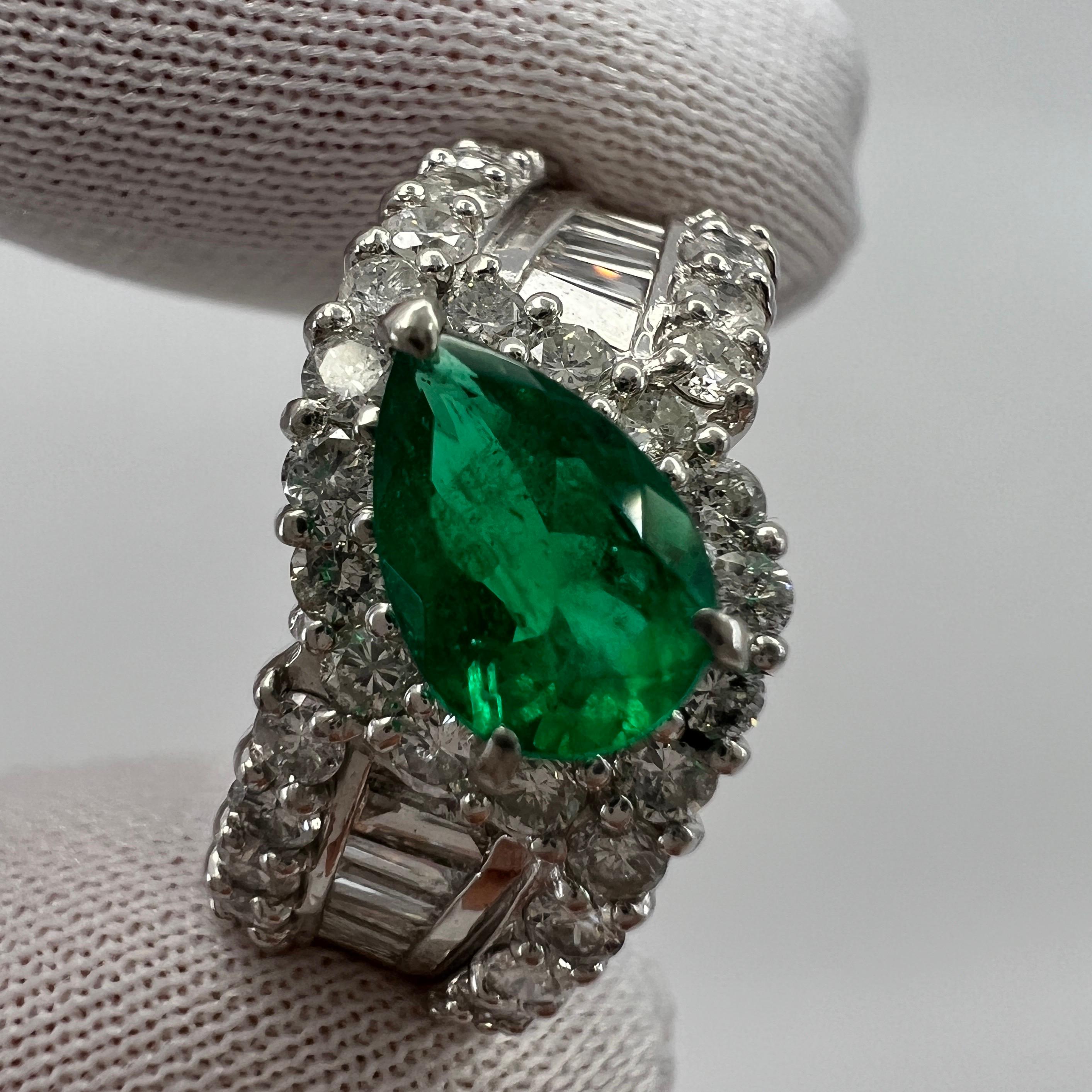 2.10ct Vivid Green Pear Cut Colombian Emerald & Diamond Platinum Cluster Ring 7