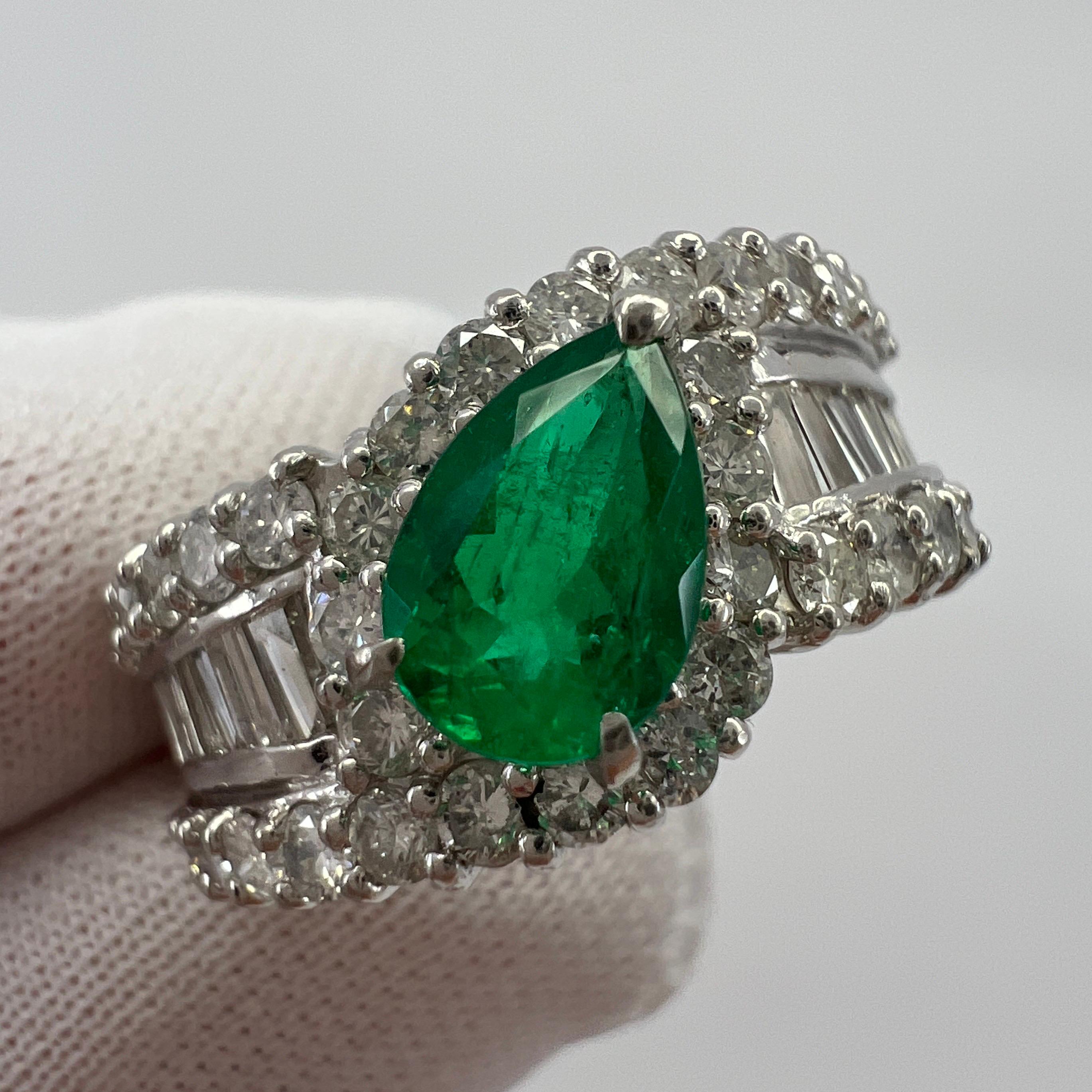2.10ct Vivid Green Pear Cut Colombian Emerald & Diamond Platinum Cluster Ring In Excellent Condition In Birmingham, GB