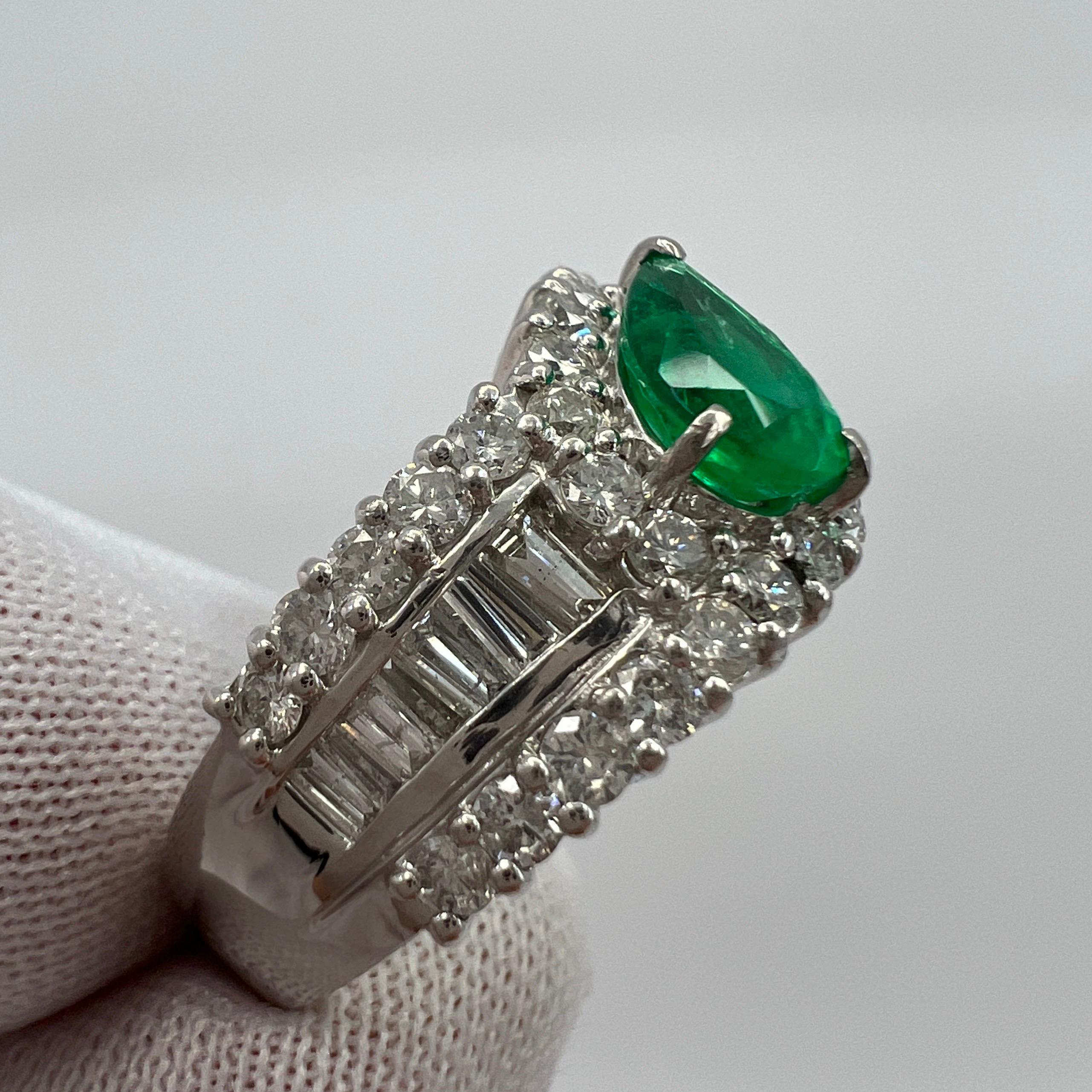Women's or Men's 2.10ct Vivid Green Pear Cut Colombian Emerald & Diamond Platinum Cluster Ring