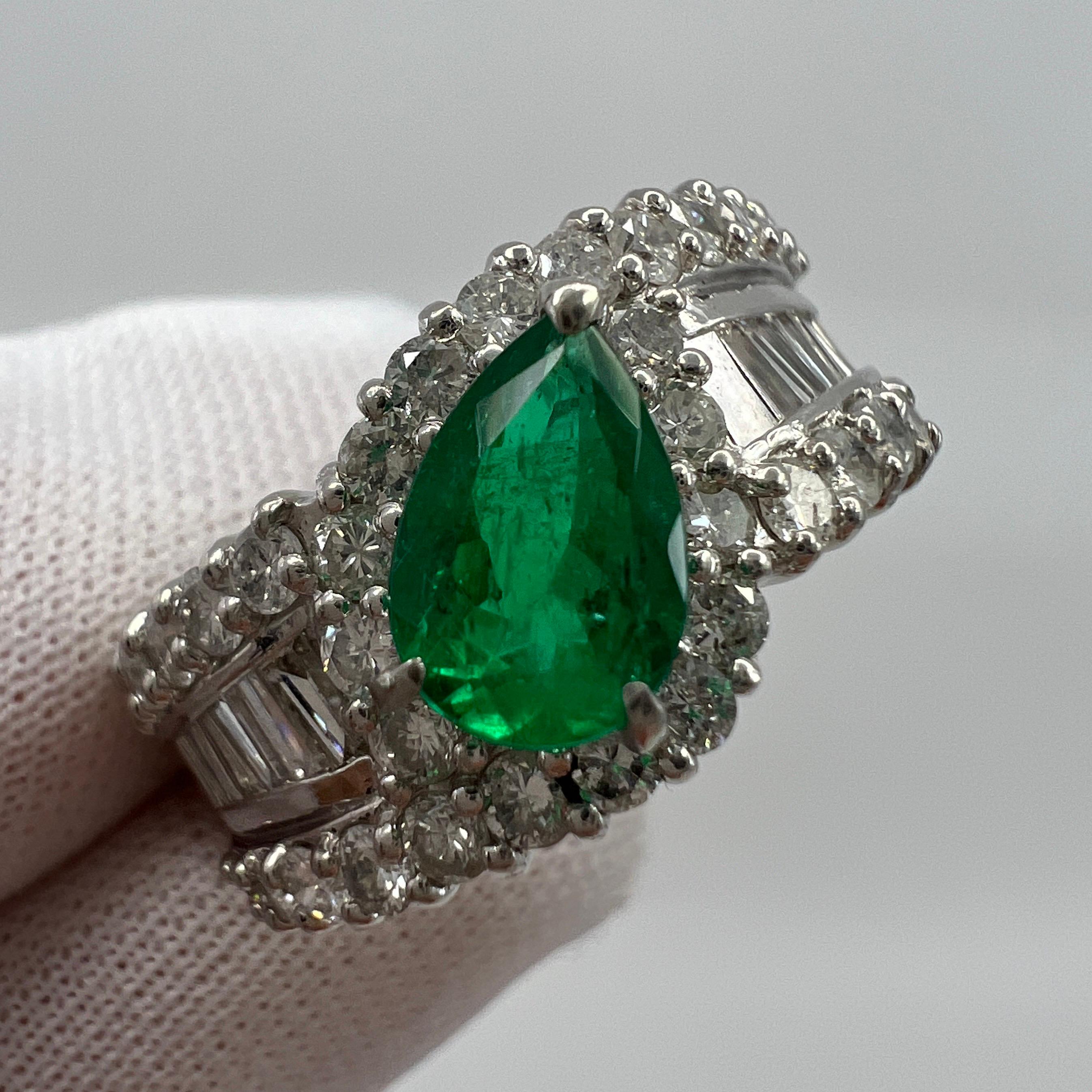 2.10ct Vivid Green Pear Cut Colombian Emerald & Diamond Platinum Cluster Ring 1