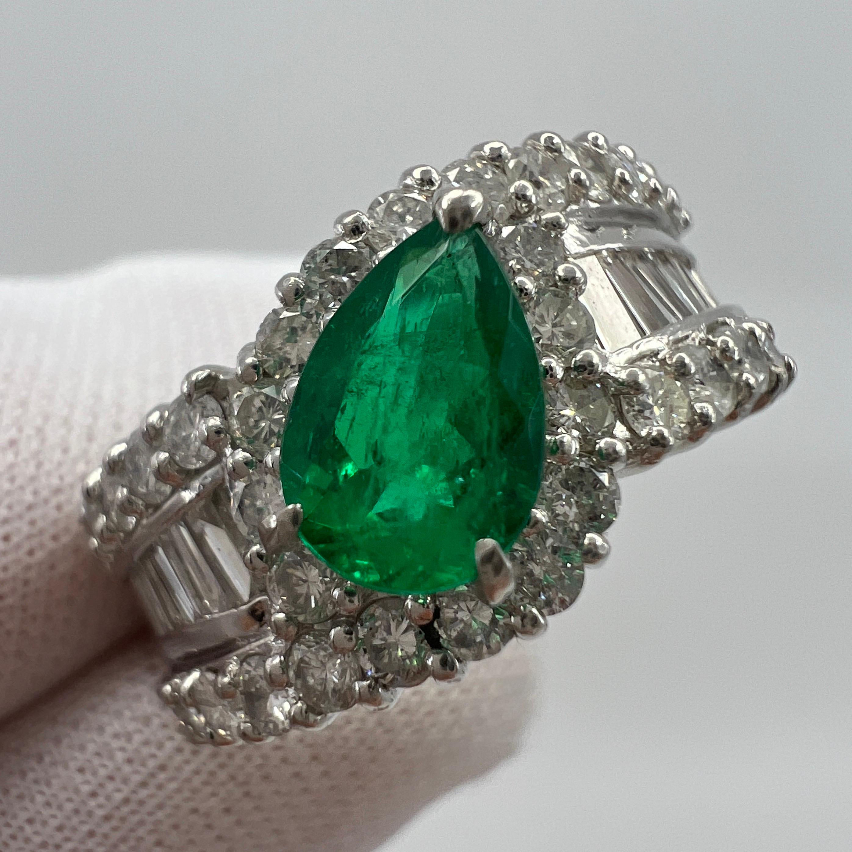 2.10ct Vivid Green Pear Cut Colombian Emerald & Diamond Platinum Cluster Ring 3