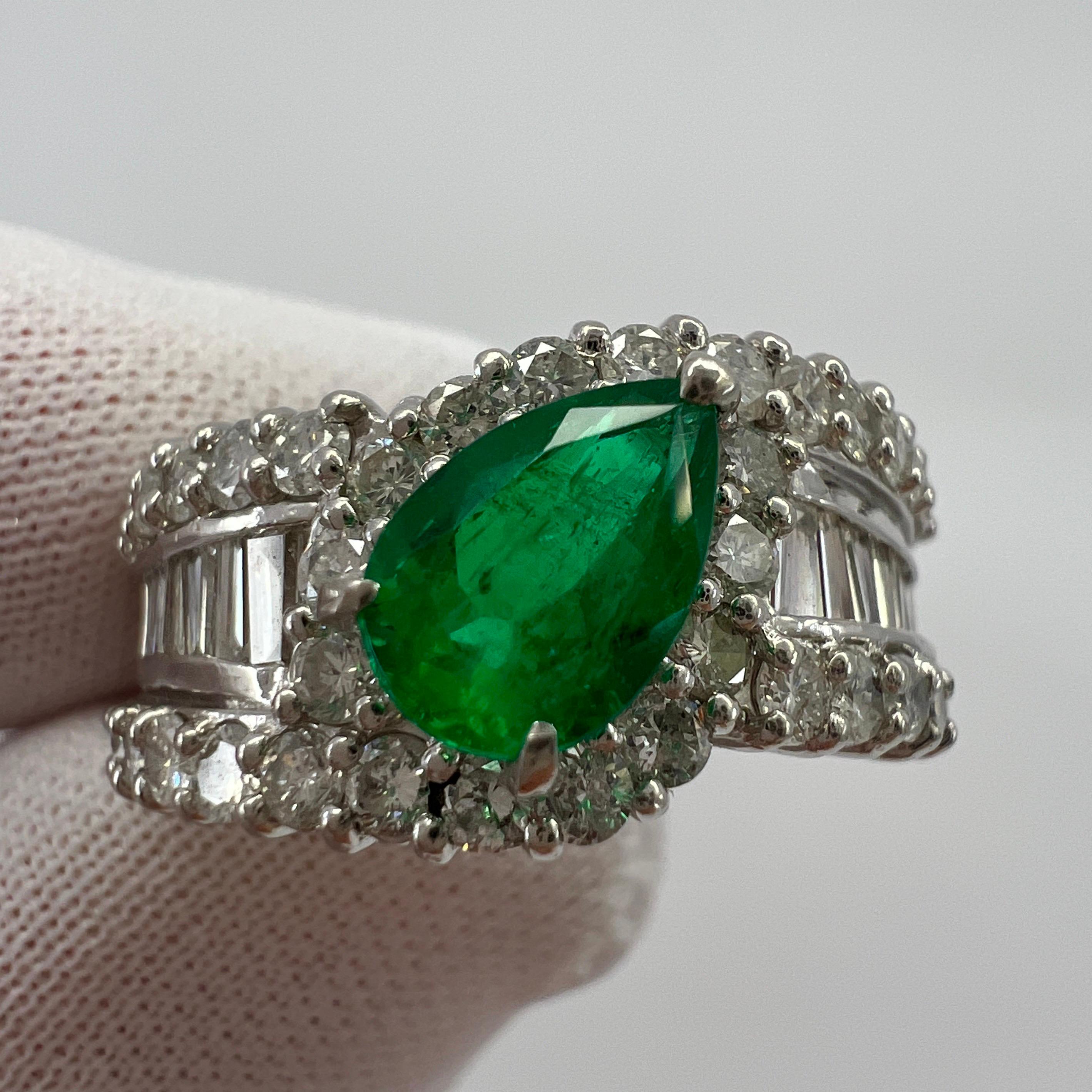 2.10ct Vivid Green Pear Cut Colombian Emerald & Diamond Platinum Cluster Ring 4