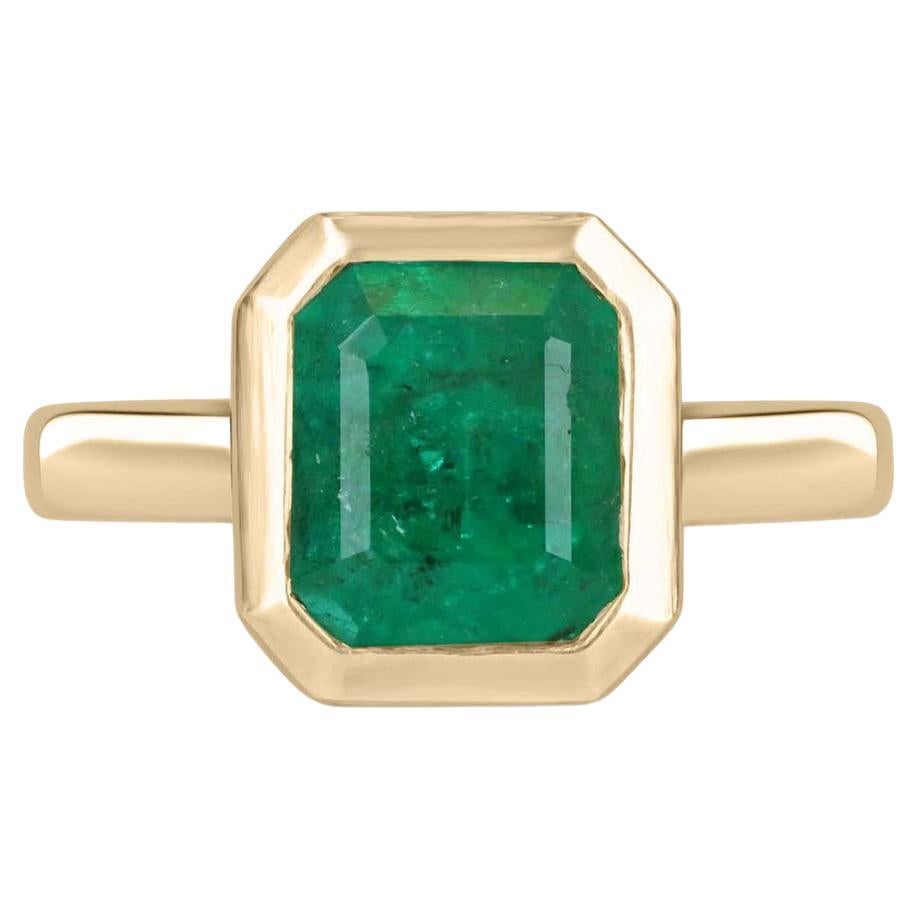 2.10cts 18K Colombian Emerald-Emerald Cut Solitaire Bezel Set Engagement Ring
