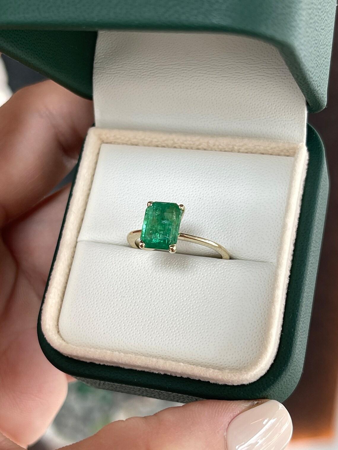 Emerald Cut 2.10cts 4 Prong Emerald Solitaire Ring 14K Gold - Natural Real 2ct Emerald Ring For Sale