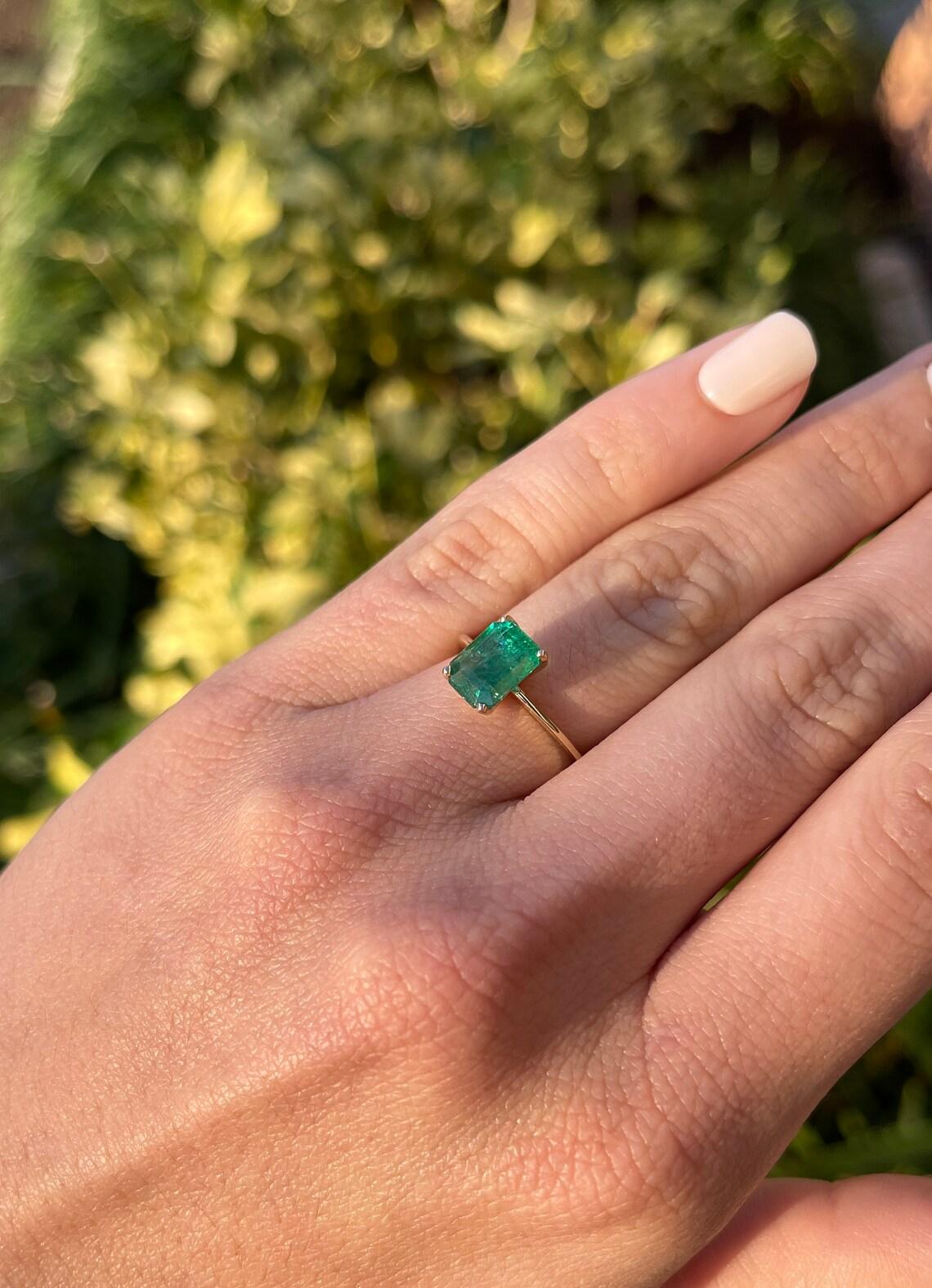 2.10cts 4 Prong Emerald Solitaire Ring 14K Gold - Natural Real 2ct Emerald Ring For Sale 2