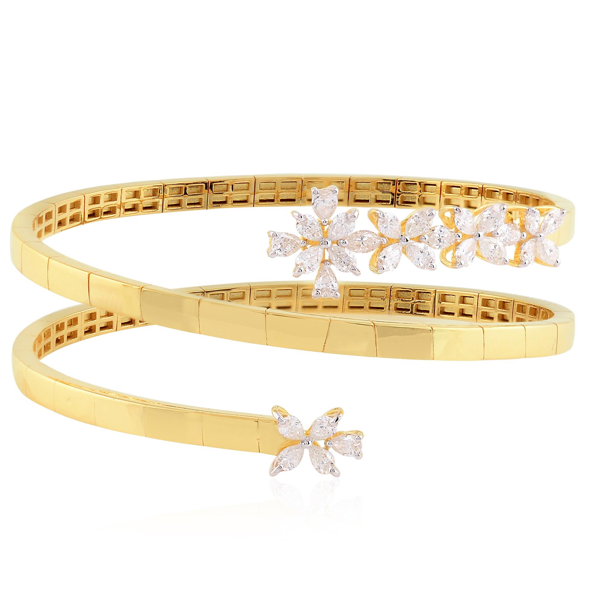 Marquise Cut 2.10cts Natural Diamond Floral 18k Yellow Gold Statement Spiral Bangle Bracelet For Sale