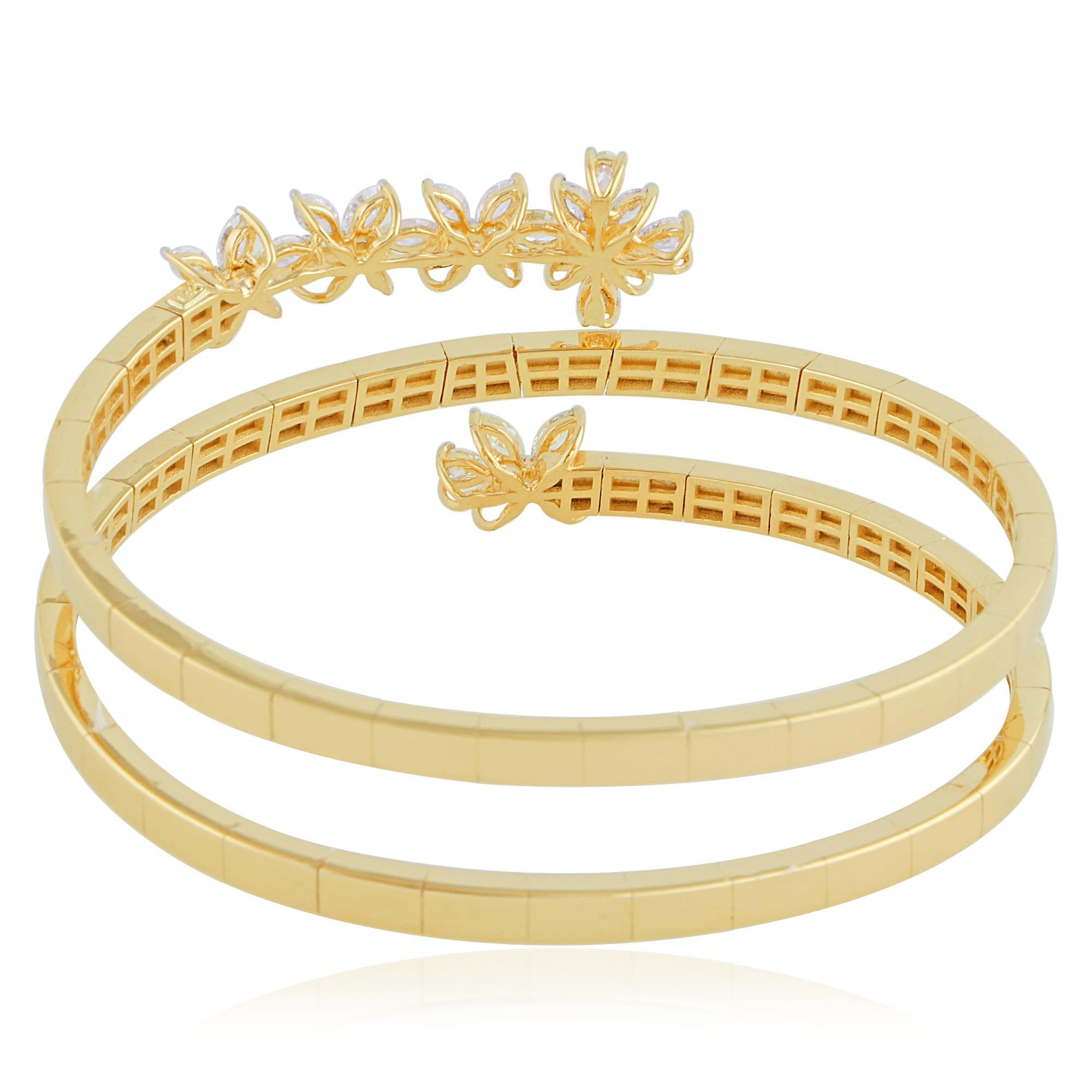 2.10cts Natural Diamond Floral 18k Yellow Gold Statement Spiral Bangle Bracelet For Sale 1