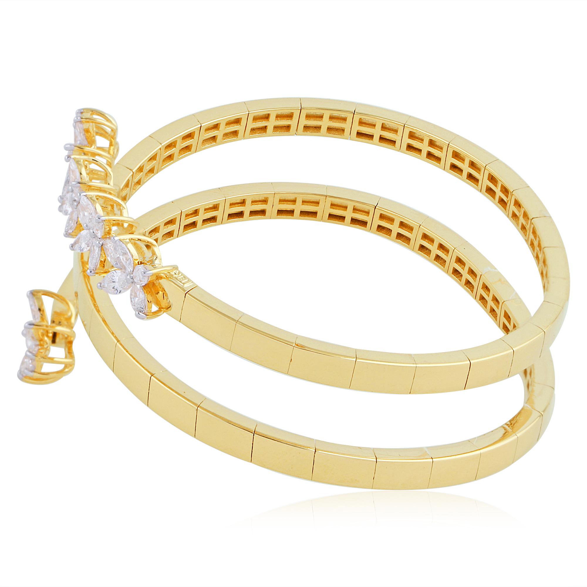 2.10cts Natural Diamond Floral 18k Yellow Gold Statement Spiral Bangle Bracelet For Sale 2