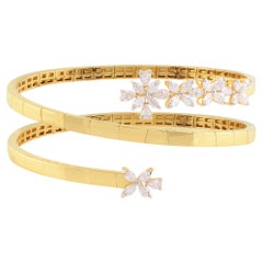 2.10cts Natural Diamond Floral 18k Yellow Gold Statement Spiral Bangle Bracelet