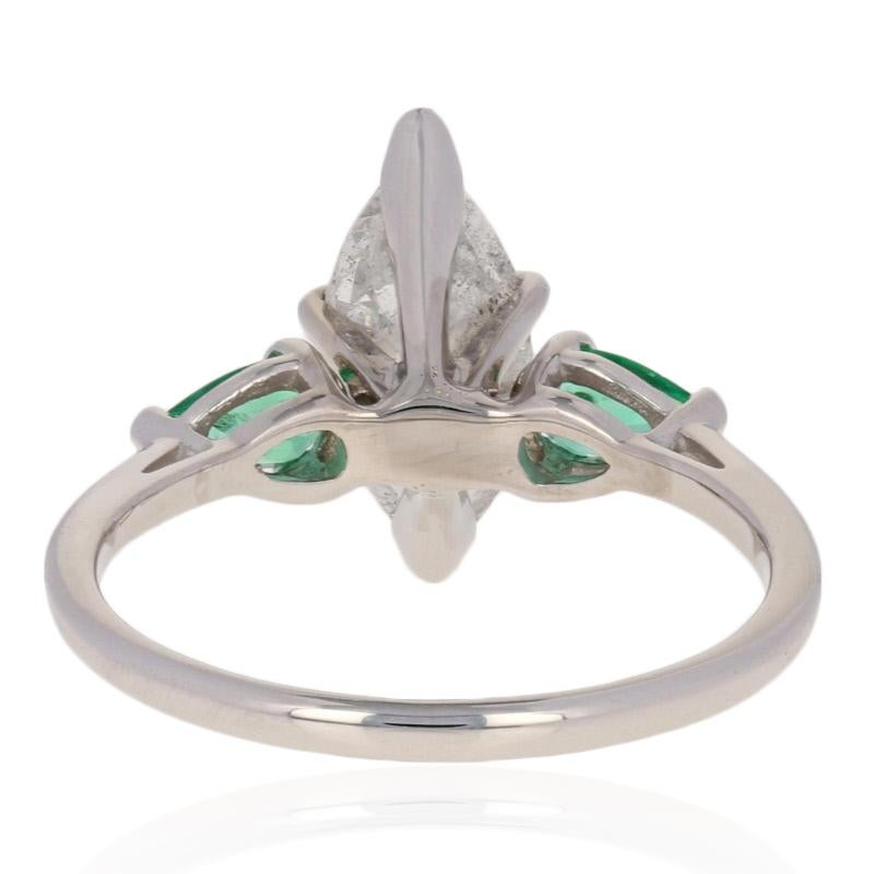 2.10 Carat Marquise Cut Diamond and Emerald Ring, 14 Karat White Gold Engagement In Excellent Condition In Greensboro, NC