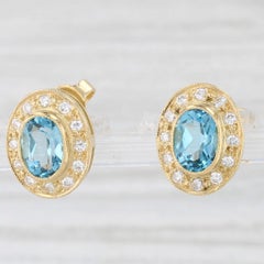 2,10ctw Oval Blauer Topas Diamant-Halo-Ohrstecker 18k Gelbgold
