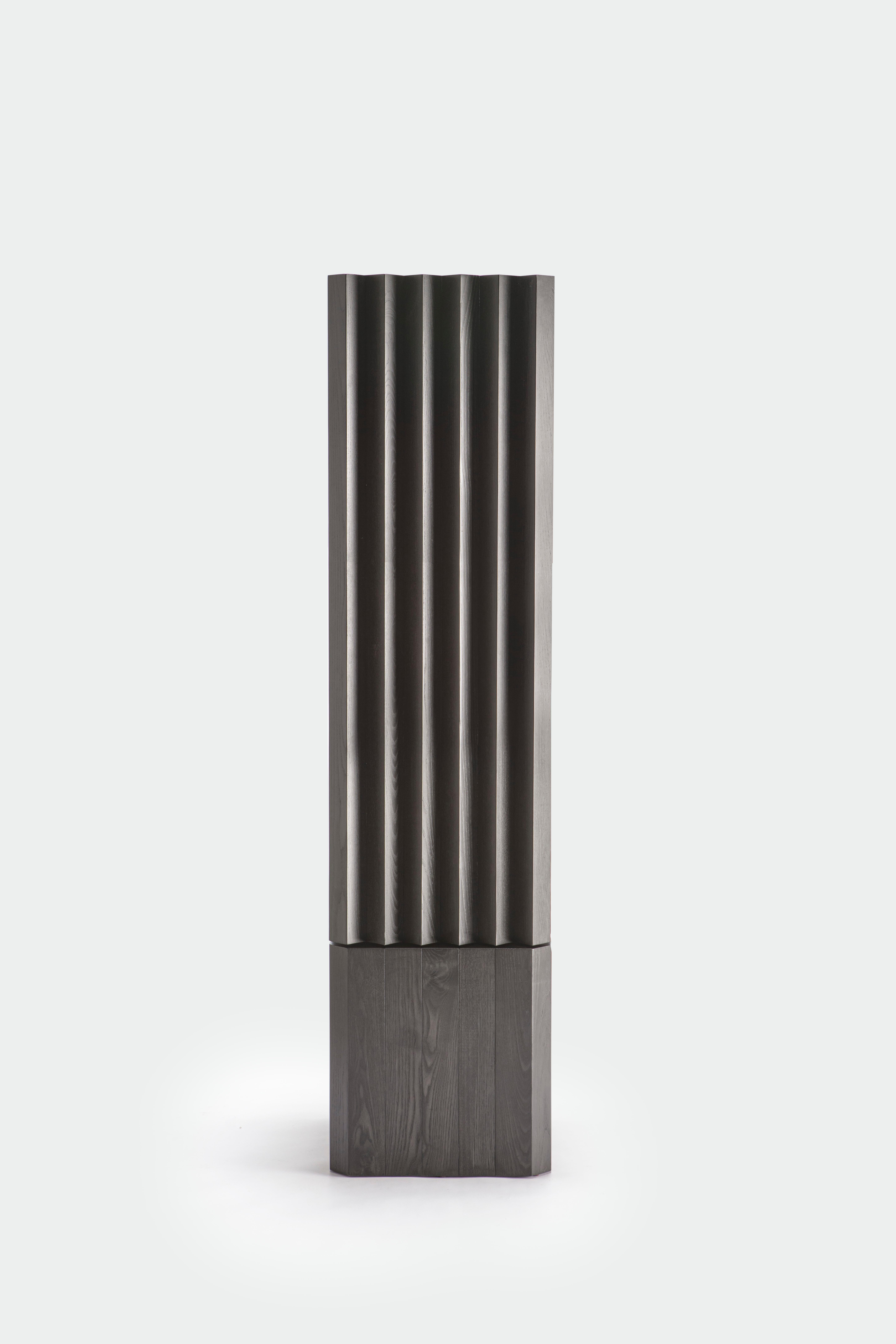210.M3 Wood Column with Green Interiors by Cara Davide
Dimensions: D 51 x W 51 x H 210 cm 
Materials: Solid wood on multilayer structure, 10mm extra-clear tempered glass shelves, green colored stainless steel (available for the black high cabinet