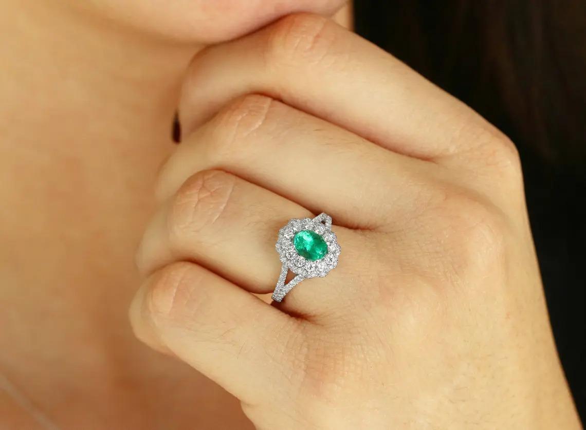Modern 2.10tcw 14K Colombian Emerald-Oval Cut & Diamond Double Halo Engagement Ring For Sale