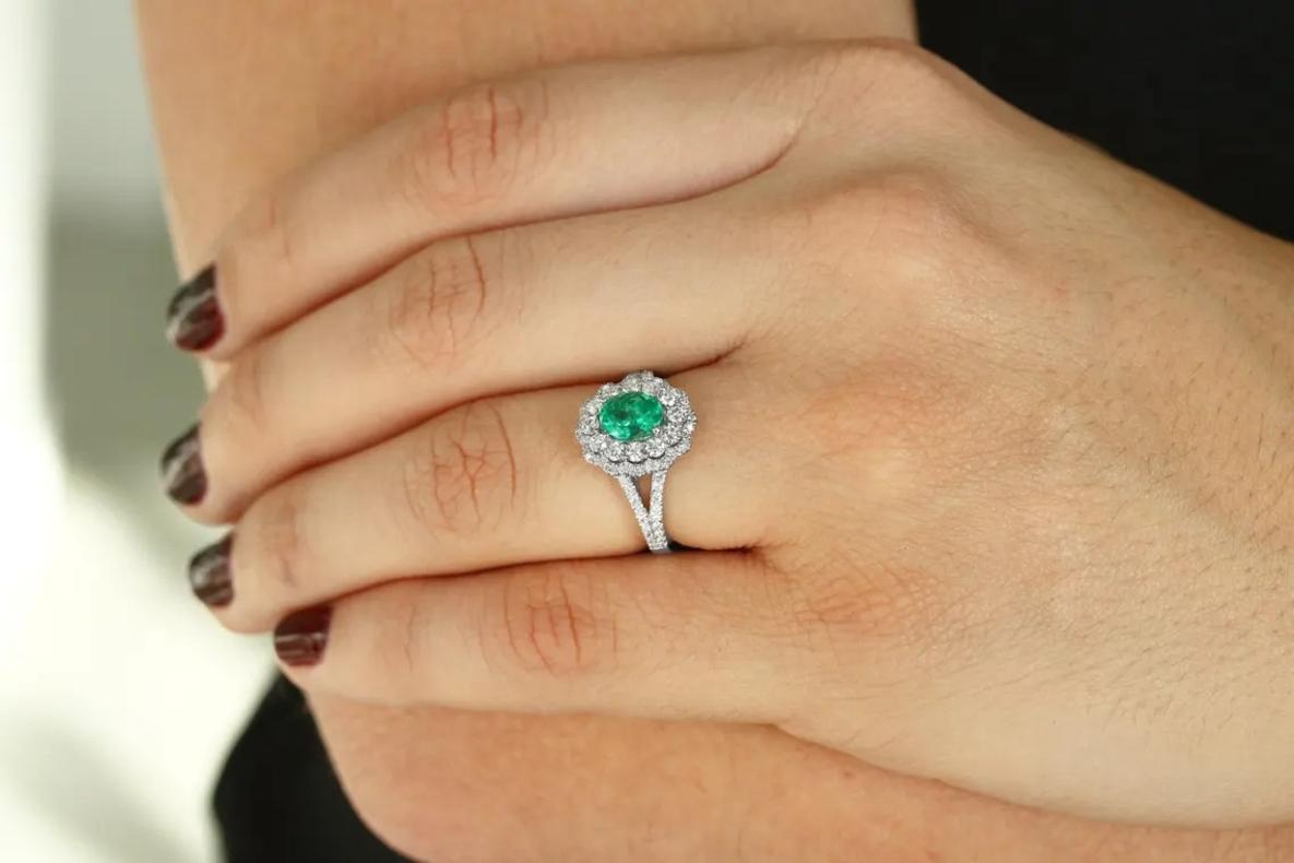 2.10tcw 14K Colombian Emerald-Oval Cut & Diamond Double Halo Engagement Ring In New Condition For Sale In Jupiter, FL