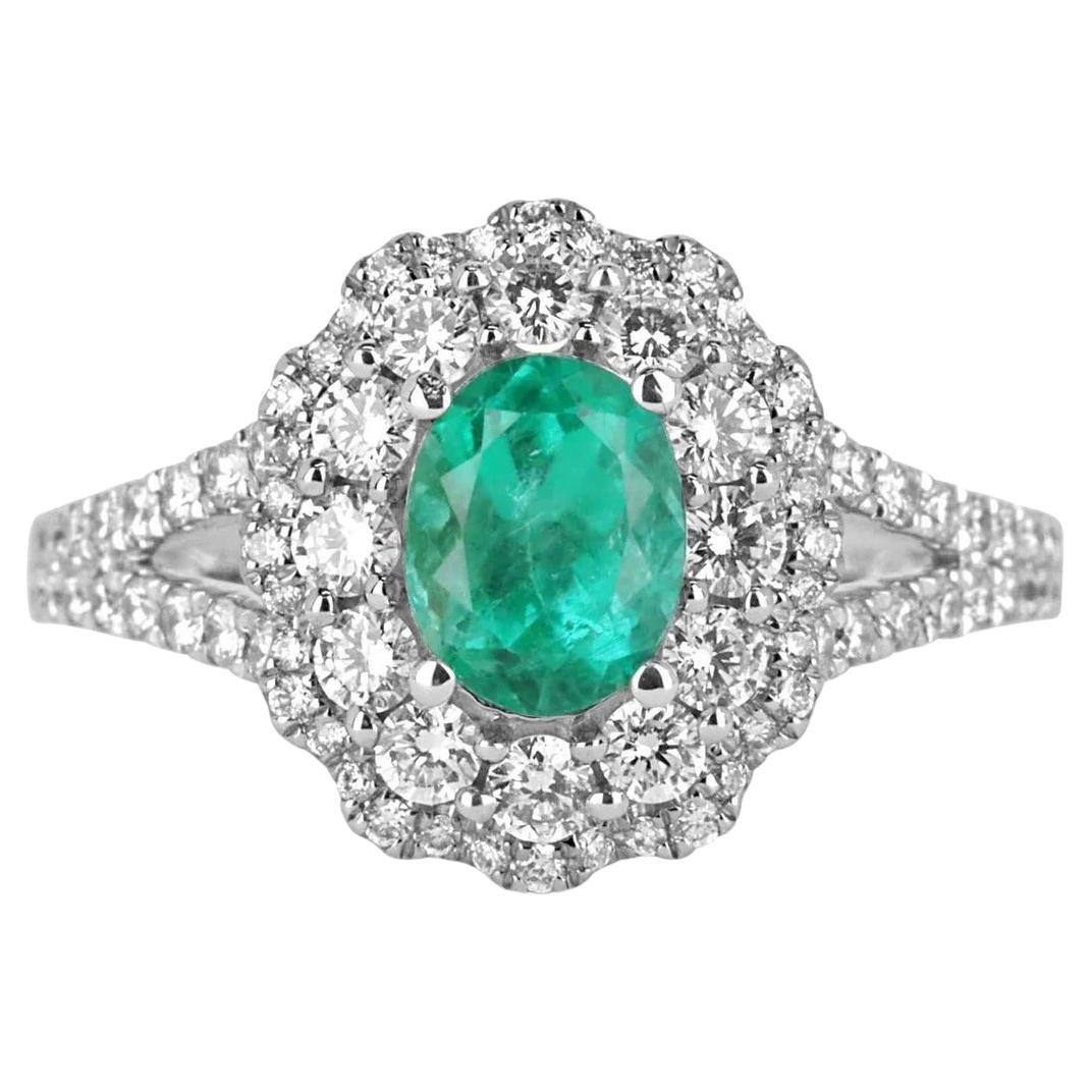 2.10tcw 14K Colombian Emerald-Oval Cut & Diamond Double Halo Engagement Ring For Sale