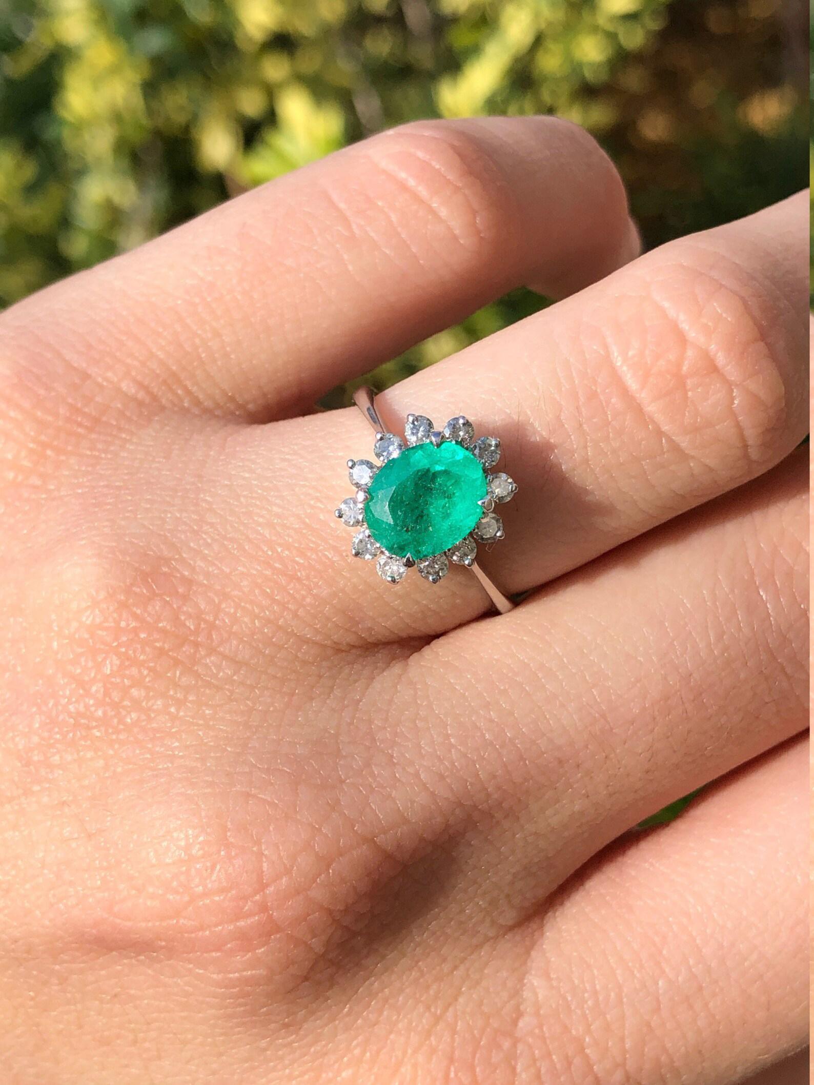 2.10tcw 14K Colombian Emerald-Oval Cut & Diamond Halo Statement Ring For Sale 1