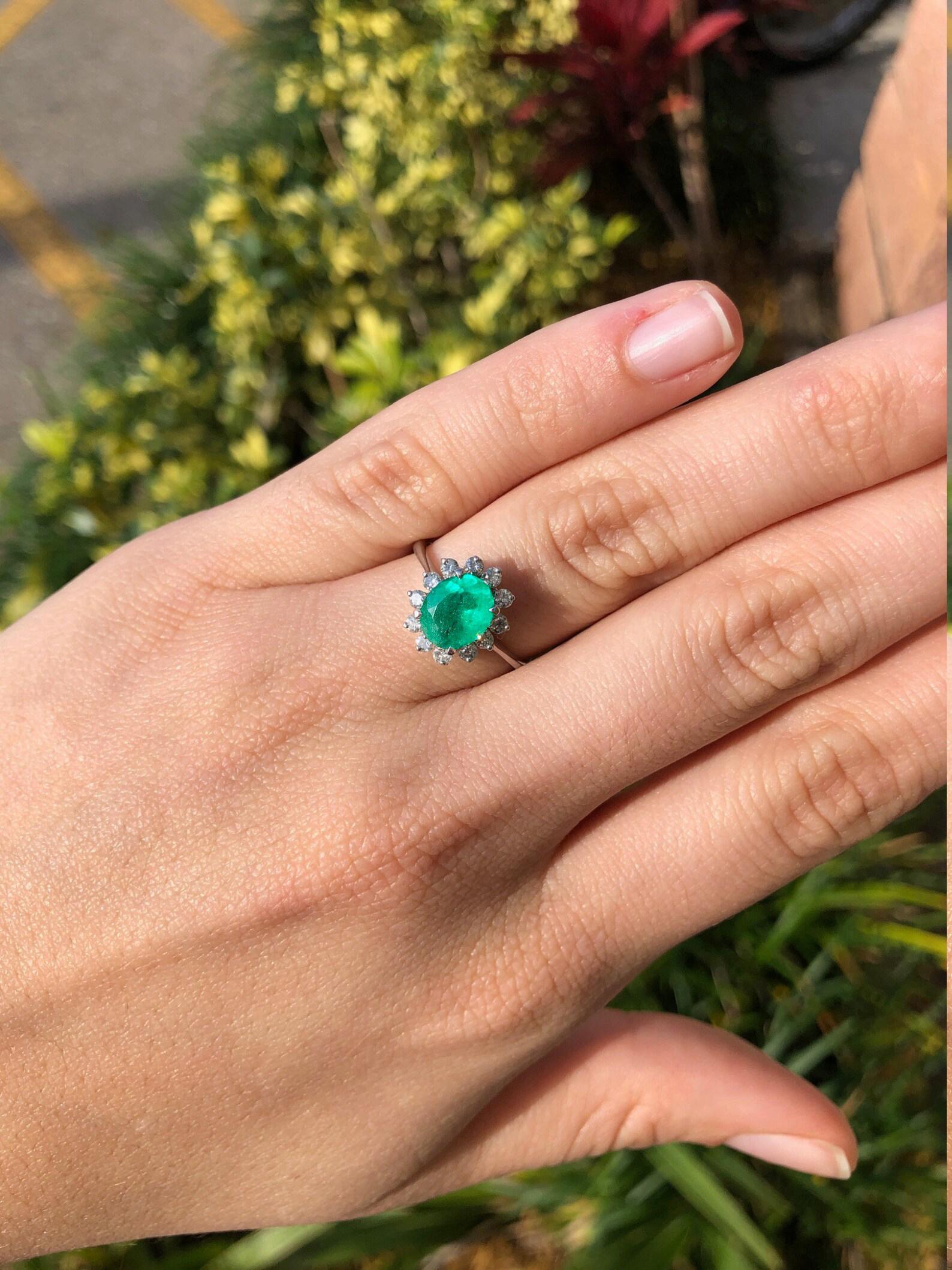 2.10tcw 14K Colombian Emerald-Oval Cut & Diamond Halo Statement Ring For Sale 2
