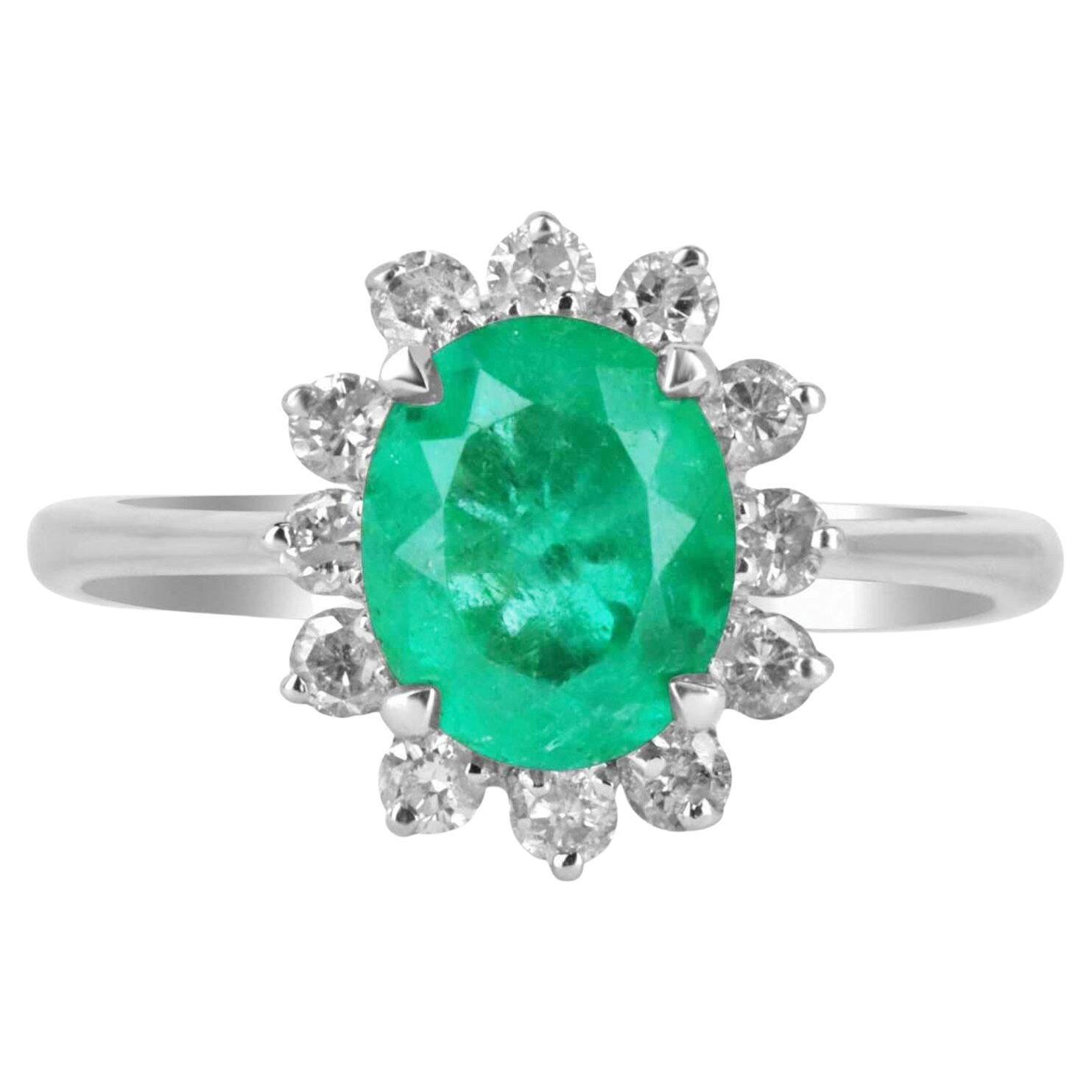 2.10tcw 14K Colombian Emerald-Oval Cut & Diamond Halo Statement Ring For Sale