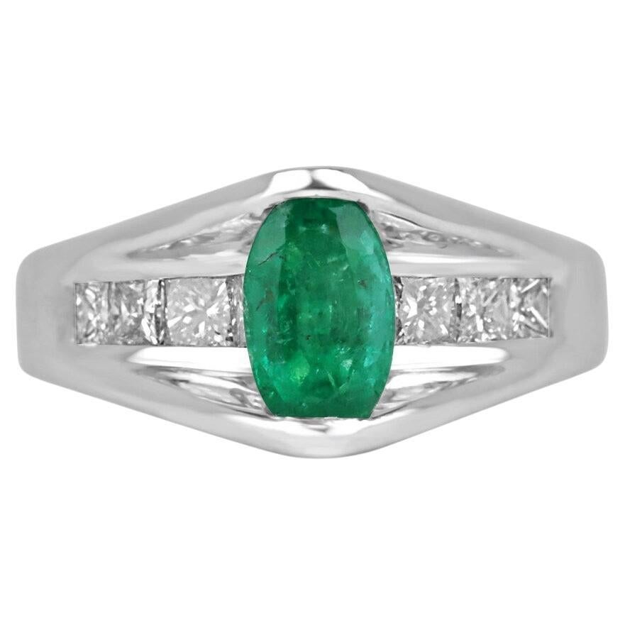 2.10tcw 14K Natural Dark Green Oval Emerald Cut Solitaire Diamond Ring
