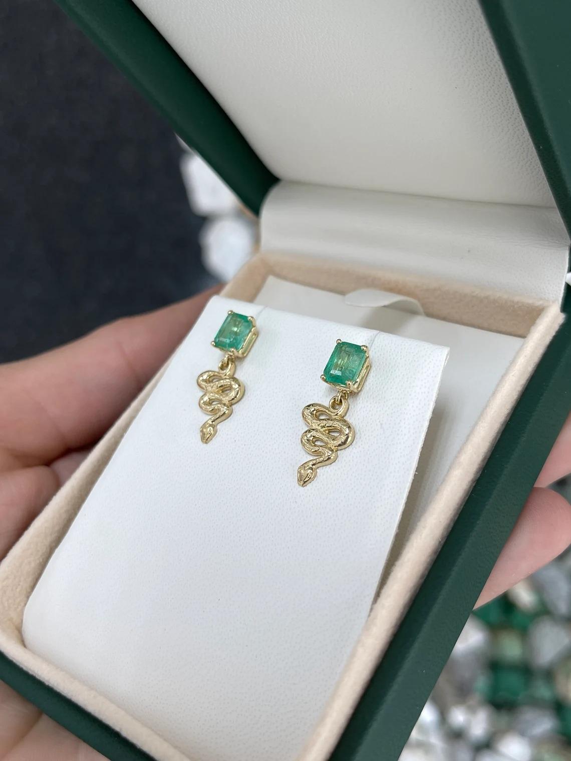 2.10tcw 14K Natural Emerald Cut Emerald & Gold Snake Dangle Stud Earrings In New Condition For Sale In Jupiter, FL