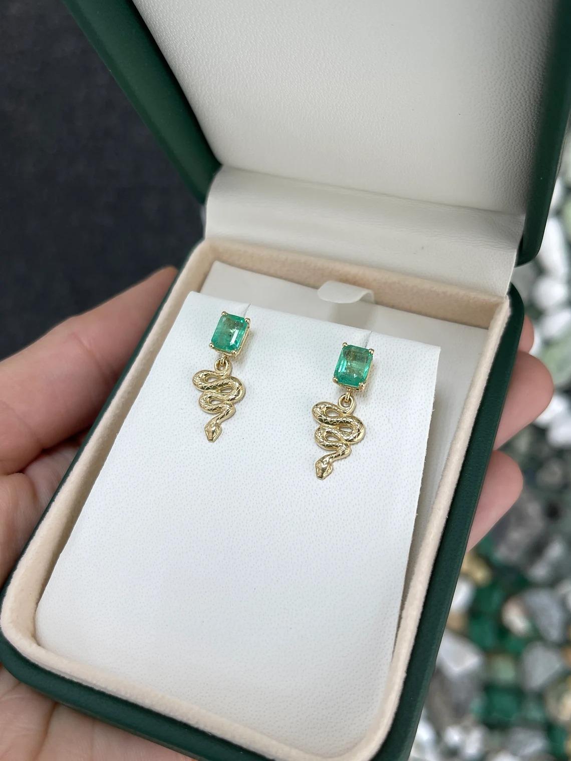 2.10tcw 14K Natural Emerald Cut Emerald & Gold Snake Dangle Stud Earrings For Sale 1