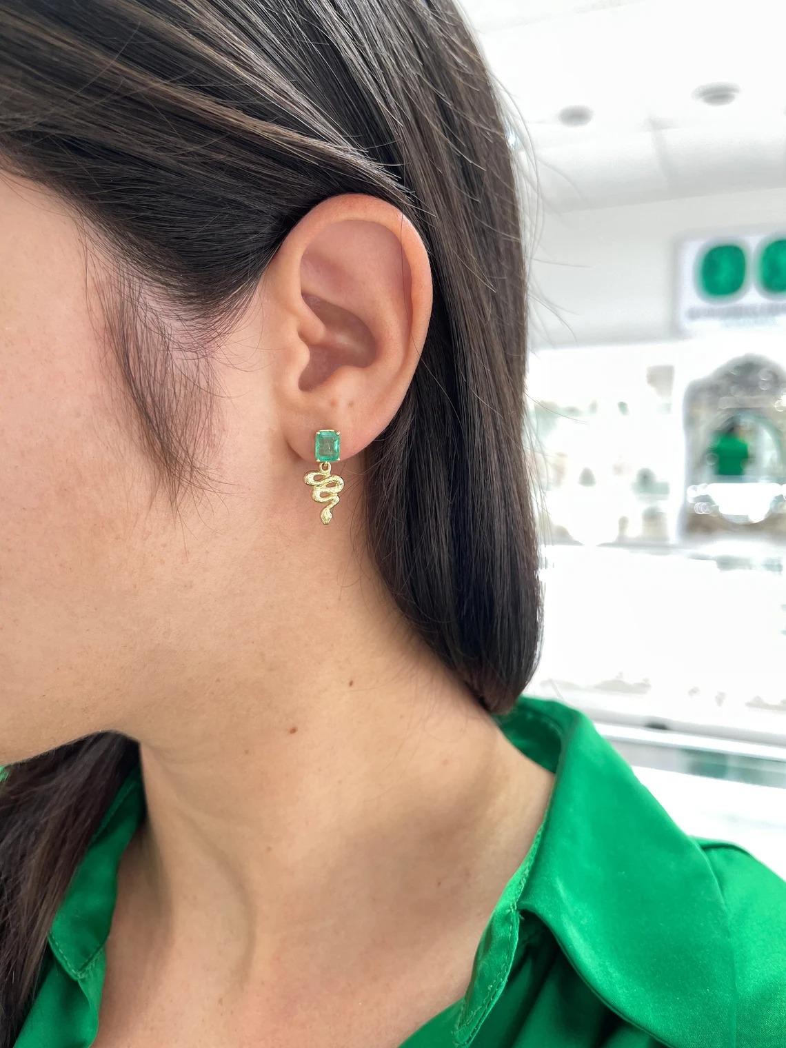 2.10tcw 14K Natural Emerald Cut Emerald & Gold Snake Dangle Stud Earrings For Sale 2