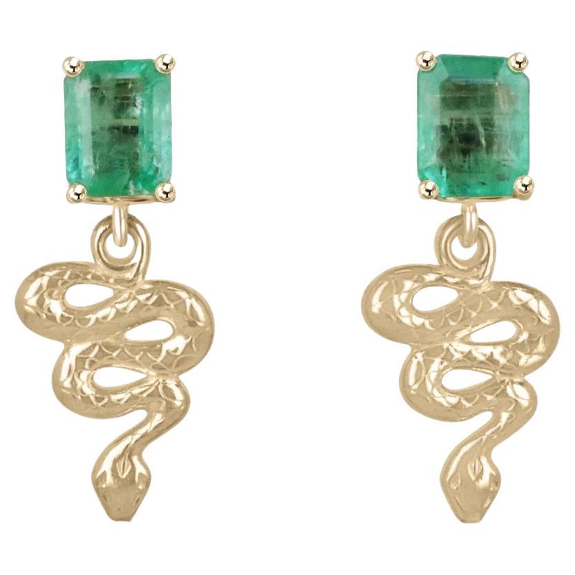2.10tcw 14K Natural Emerald Cut Emerald & Gold Snake Dangle Stud Earrings