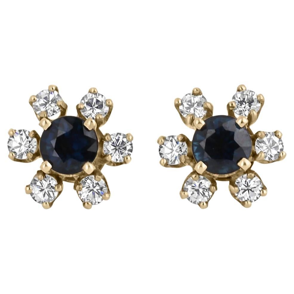 2.10tcw 14K Natural Sapphire & Diamond Halo Accent Vintage Floral Stud Earrings For Sale