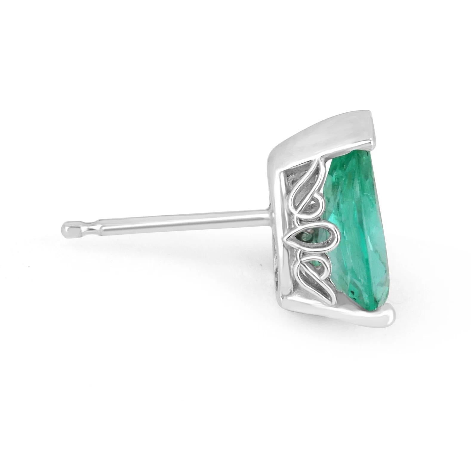 Displayed are a beautiful set of teardrop emerald studs in 14K white gold. The emeralds are genuine, earth-mined gems. These emeralds have excellent eye clarity, any small imperfections are normal. Sorting emeralds with matching qualities is very