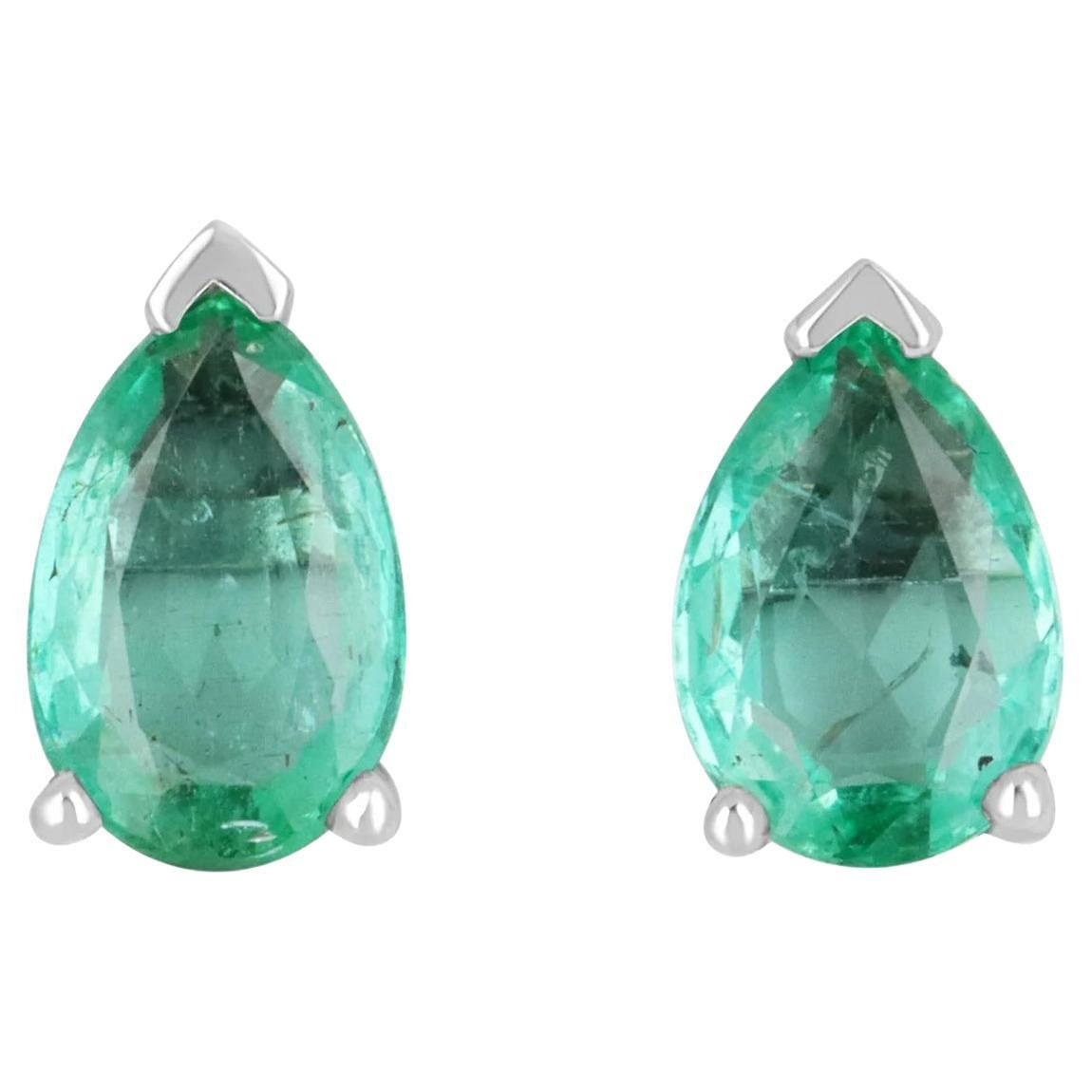 2.10tcw Classic Real Earth Emerald Pear Cut Three Prong Stud Earring Gold 14K For Sale