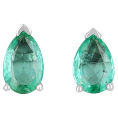 2.10tcw Classic Real Earth Emerald Pear Cut Three Prong Stud Earring Gold 14K