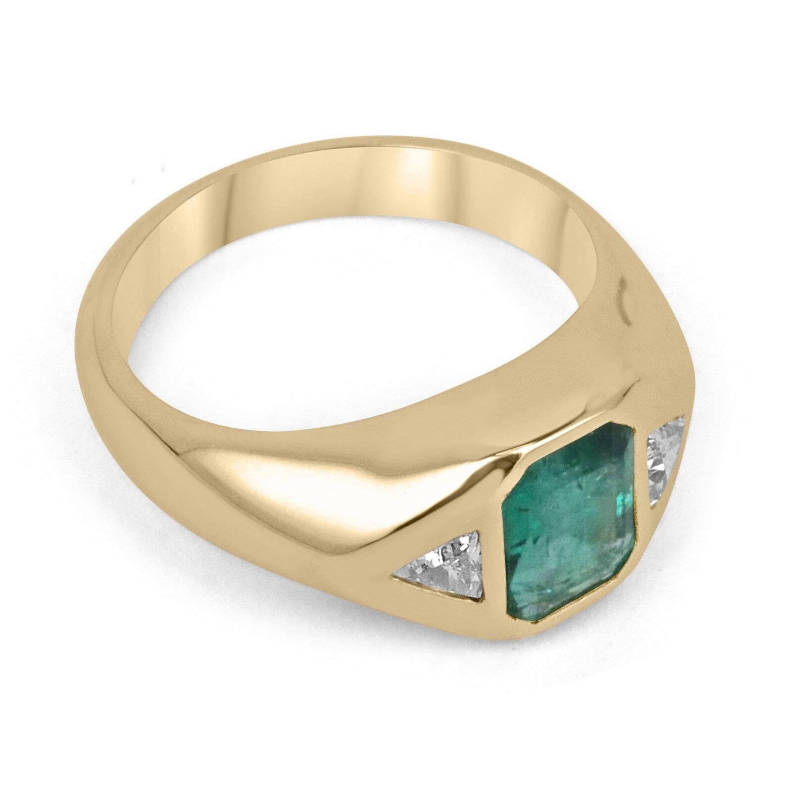 Featured here is a breathtaking, rare emerald and diamond gypsy ring. The center stone is a stunning vivid deep blue green 1.80-carat, natural emerald-emerald cut. This gemstone displays vivid green color and excellent luster. Accented on the sides