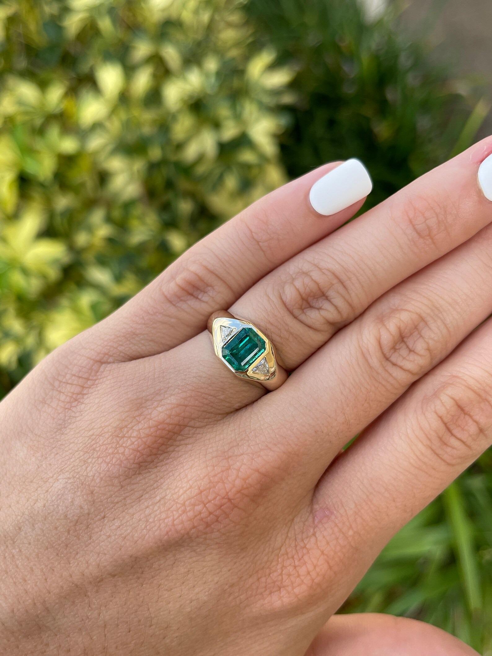 Modern 2.10tcw Unisex Deep Green Emerald & Trillion Cut Diamond Gypsy Signet Ring 14K For Sale