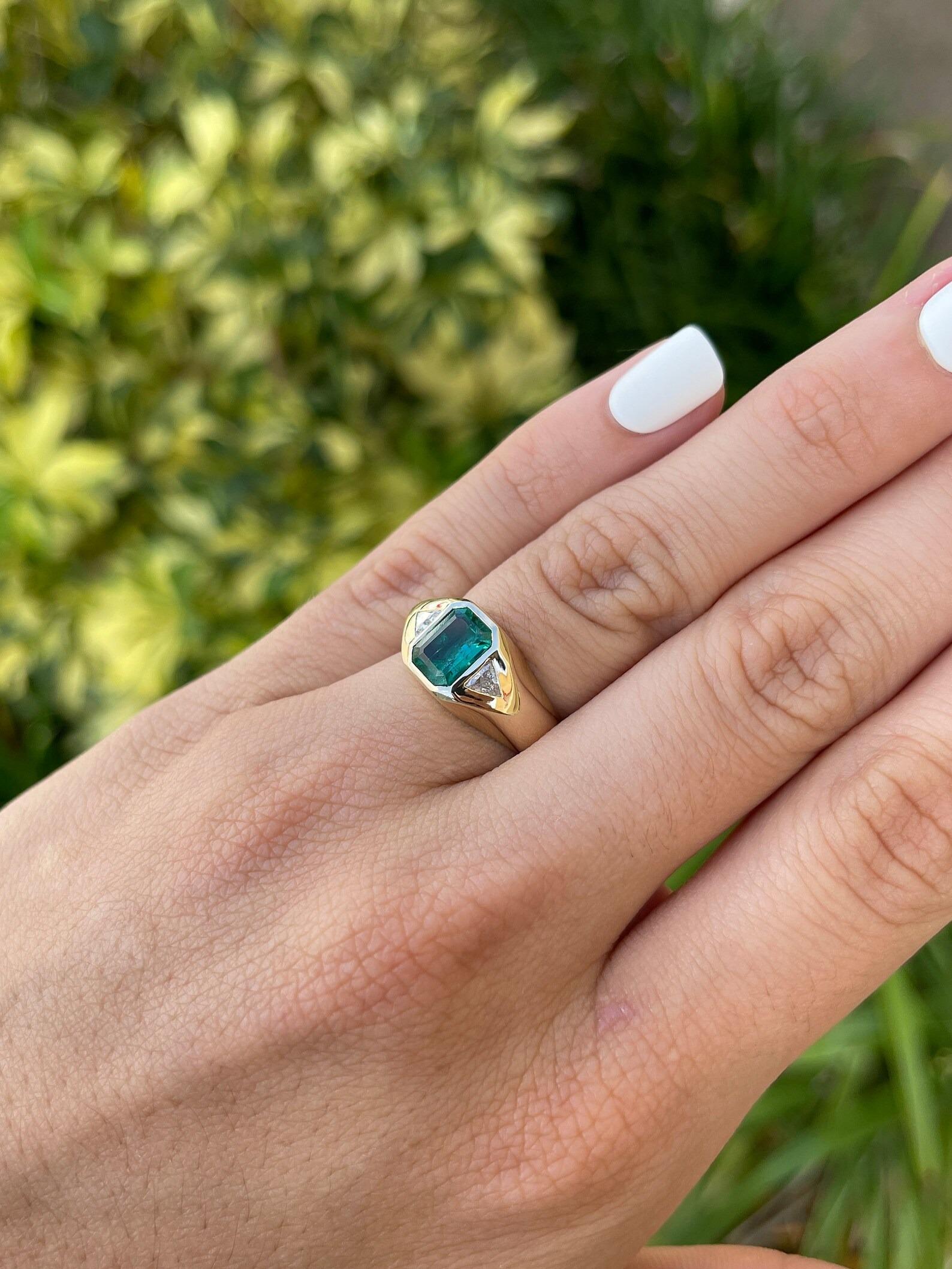 Emerald Cut 2.10tcw Unisex Deep Green Emerald & Trillion Cut Diamond Gypsy Signet Ring 14K For Sale