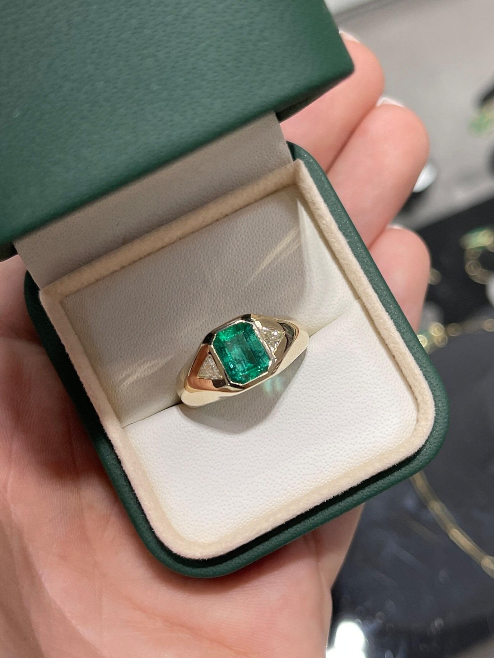 2.10tcw Unisex Deep Green Emerald & Trillion Cut Diamond Gypsy Signet Ring 14K For Sale 3