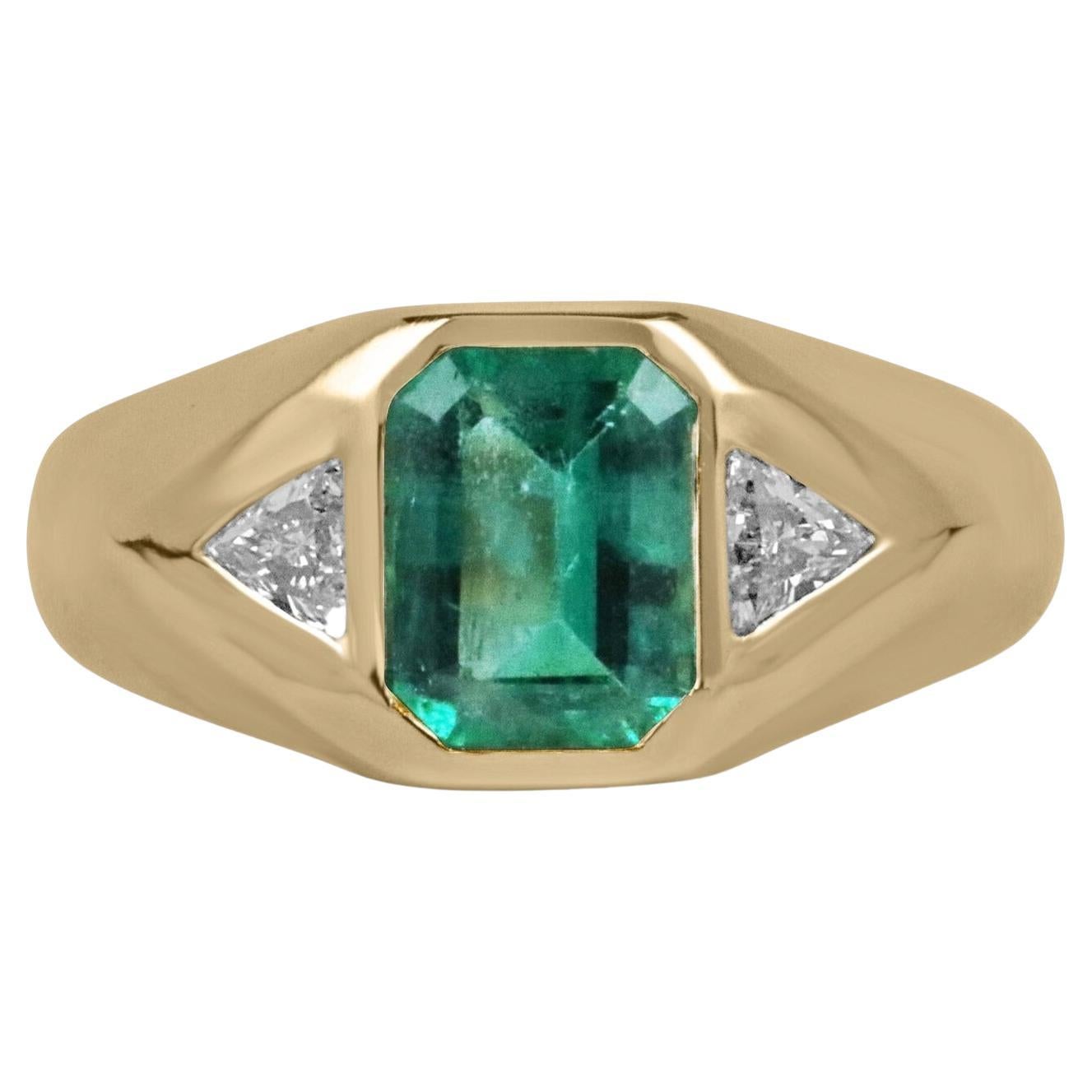 2.10tcw Unisex Deep Green Emerald & Trillion Cut Diamond Gypsy Signet Ring 14K