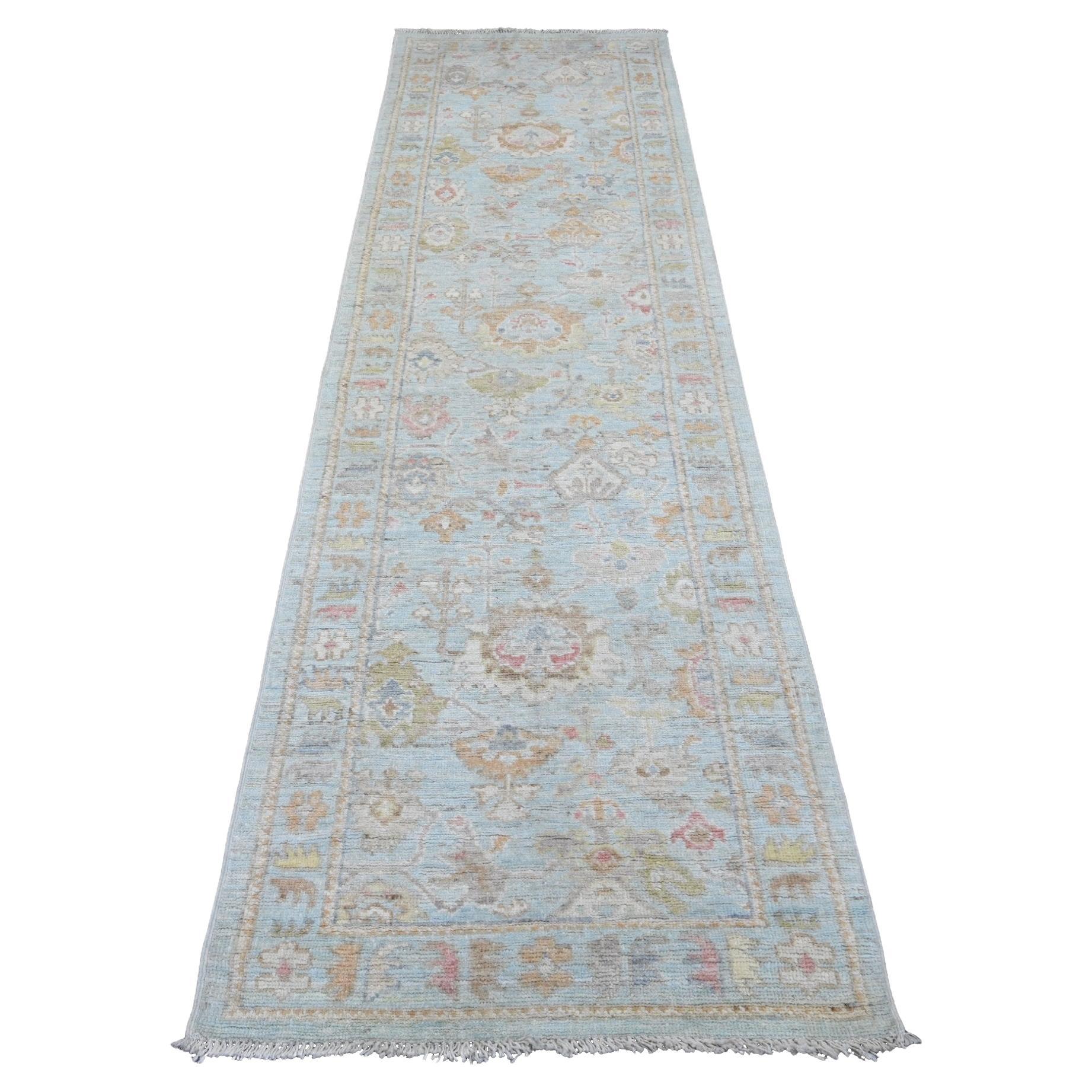 2
10"x10
 Blue Afghan Angora Oushak Floral Pattern Wool Hand Knotted Runner Rug