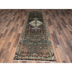 2'10"x10' Brown Hand Knotted Vintage Zoroastrian Bibikabad Pure Wool Runner Rug