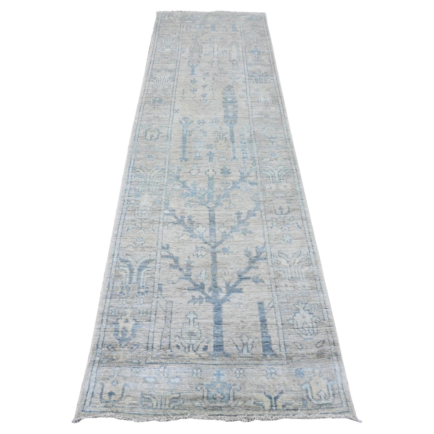 2'10"x10' White Afghan Angora Oushak Tree Design Hand Knotted Wool Runner Rug