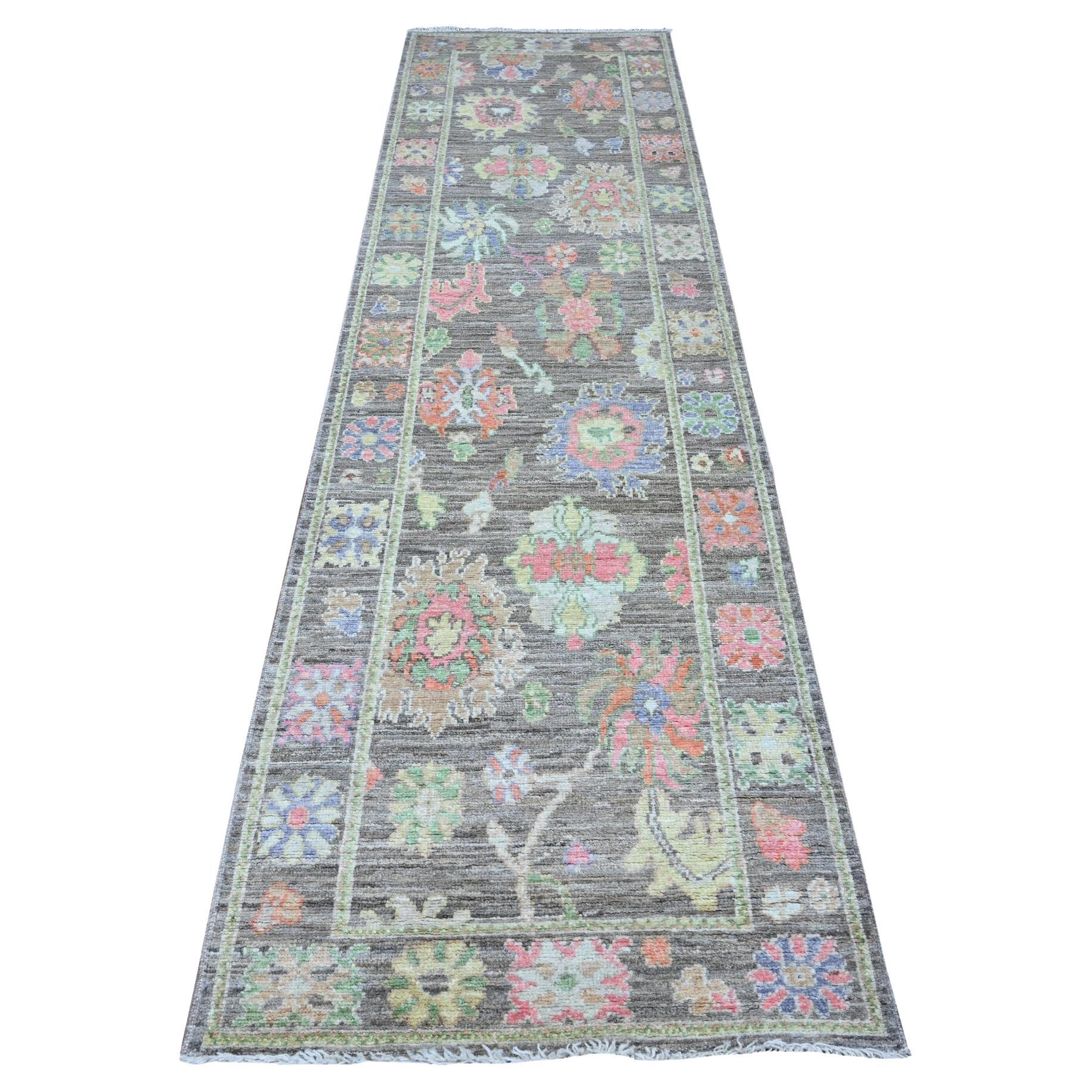 2'10"x10'7" Grauer orientalischer Afghanischer Angora Oushak-Läufer aus reiner Wolle