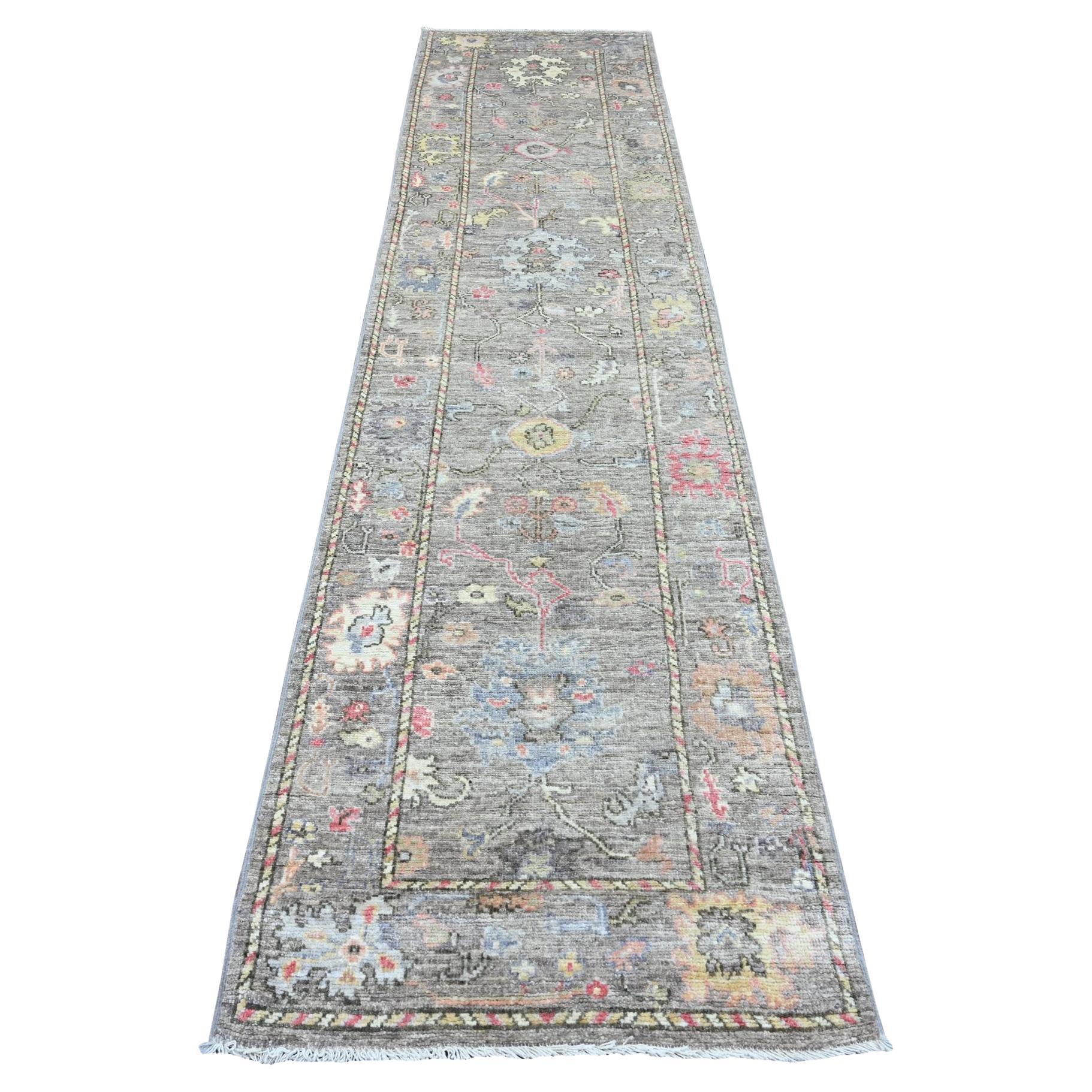 2'10"x11'10" Brown Hand Knotted Afghan Angora Oushak Floral Pattern Wool Runner