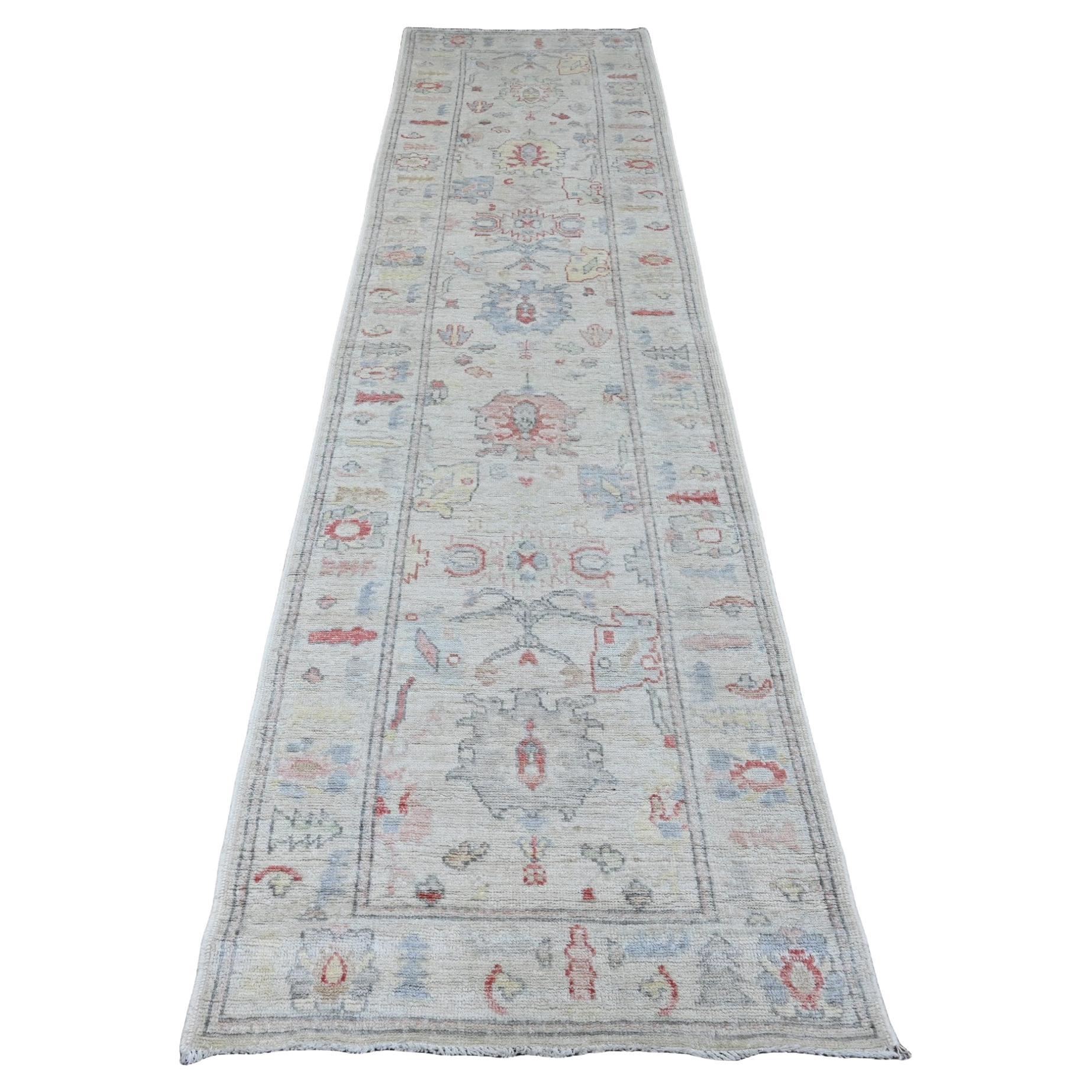 2'10"x11'4" Gray Afghan Angora Oushak Leaf Design Wool Hand Knotted Runner Rug