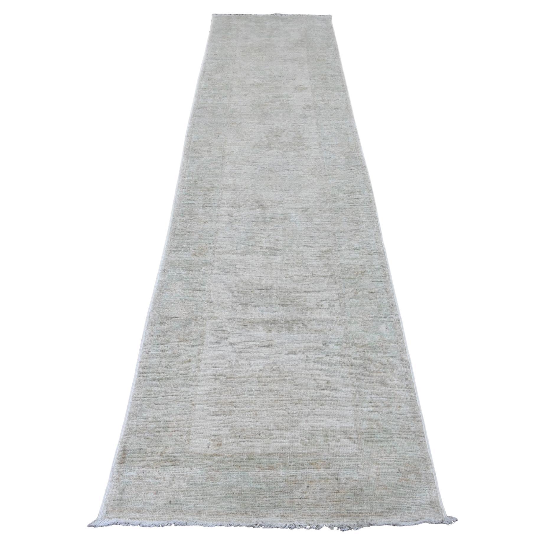 2'10"x11'5" White Afghan Angora Oushak Leaf Pattern Hand Knotted Wool Runner Rug